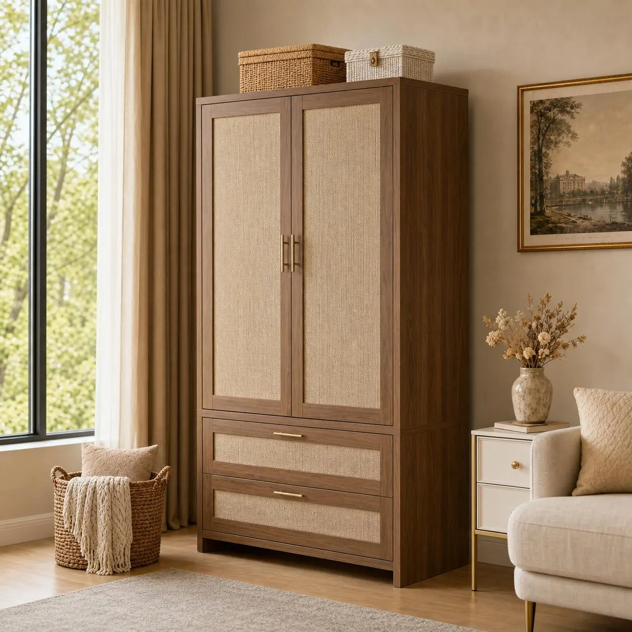 Rattan Oak Finish Rectangular Armoire Wardrobe Closet - Single Unit, 70" Height Storage Cabinet with 2 Drawers & Hanging Rod, Clothes Organizer for Bedroom, Cloak Room