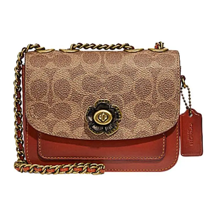 Coach Madison 16 Camellia Toggle Logo Charm Crossbody Bag for Women, Brown and Tan Leather