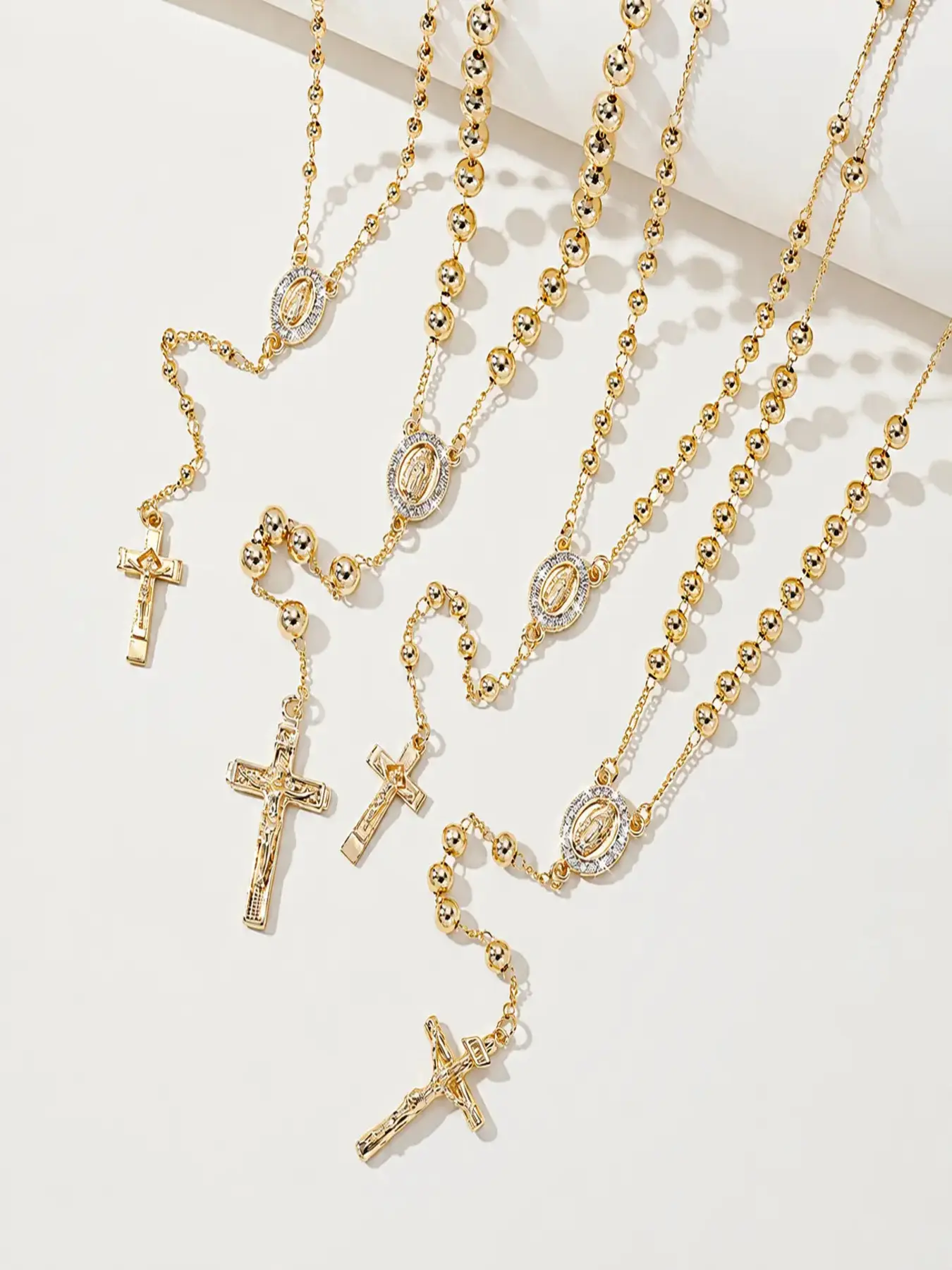 Golden Grace Rosary Necklace, Gold Beaded Cross Pendant Necklace, Stainless Steel Religious Prayer Jewelry for Women Men, Catholic Faith Gift