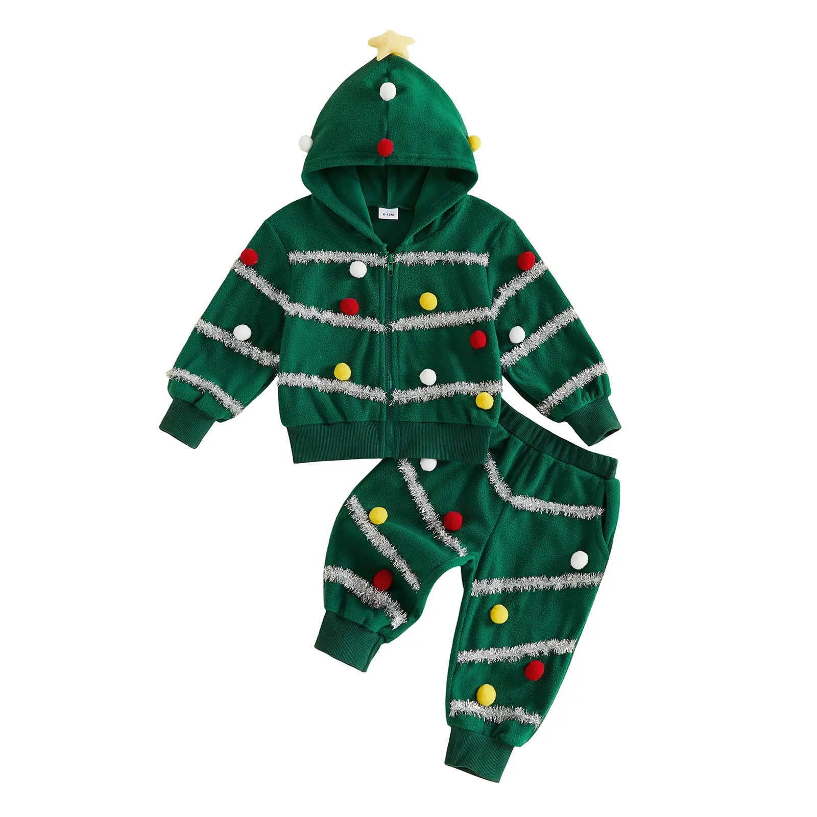 REDWOON Toddler Baby Little Boy Girl Christmas Tree Outfit Fleece Zip Up Hooded Jacket Pants Holiday Xmas Set 6M-5T
