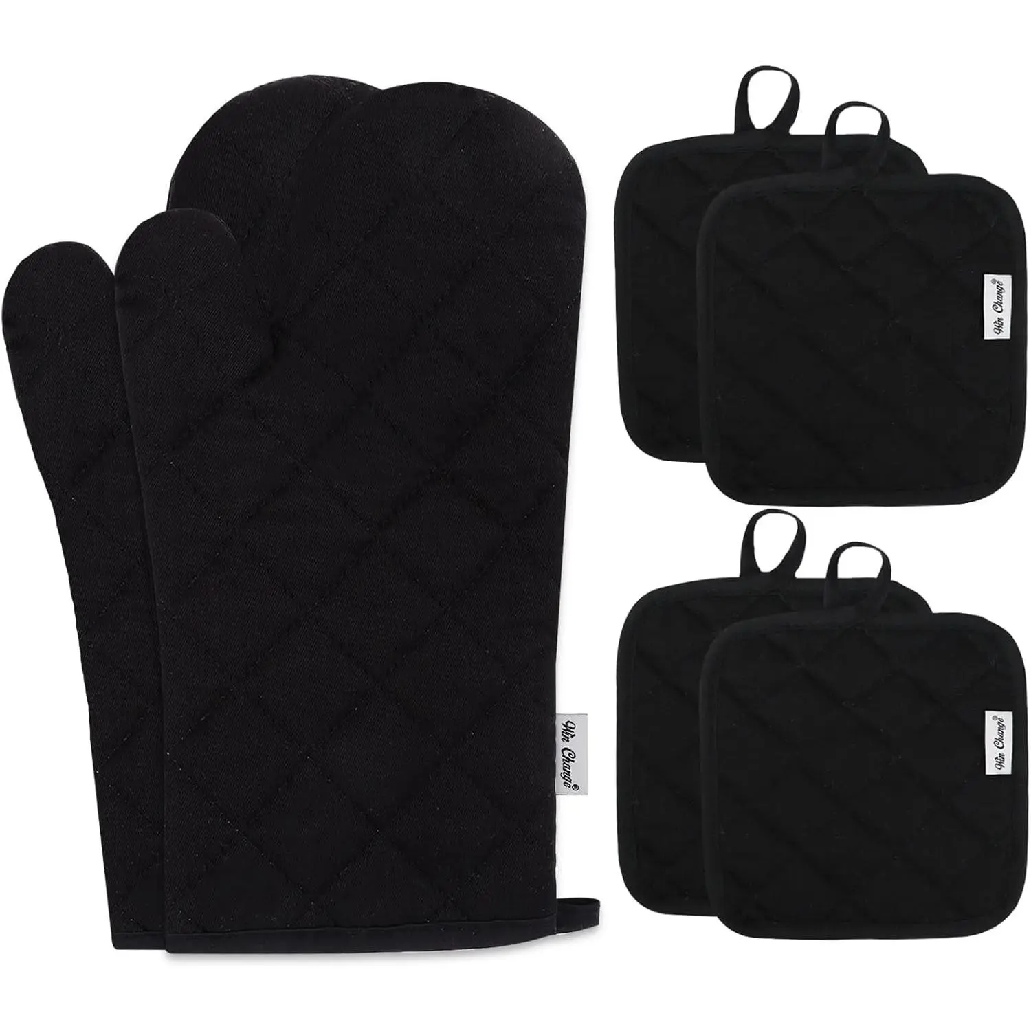 6-Piece Oven Mitts and Pot Holders Set - Recycled Cotton Fabric, High Heat Insulation, Extra Thick Long Design, Water-Proof, Hanging Shaped for Cooking (Black)