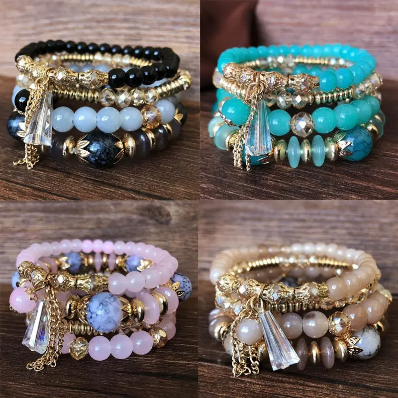 Boho Y2K 4-Pack Beaded Bracelet Set for Women, Stackable Crystal Multi-Layer Charm Bracelets, Handmade Aesthetic Jewelry, Lightweight Adjustable Fashion Wristbands for Beach Festival & Summer Outfit