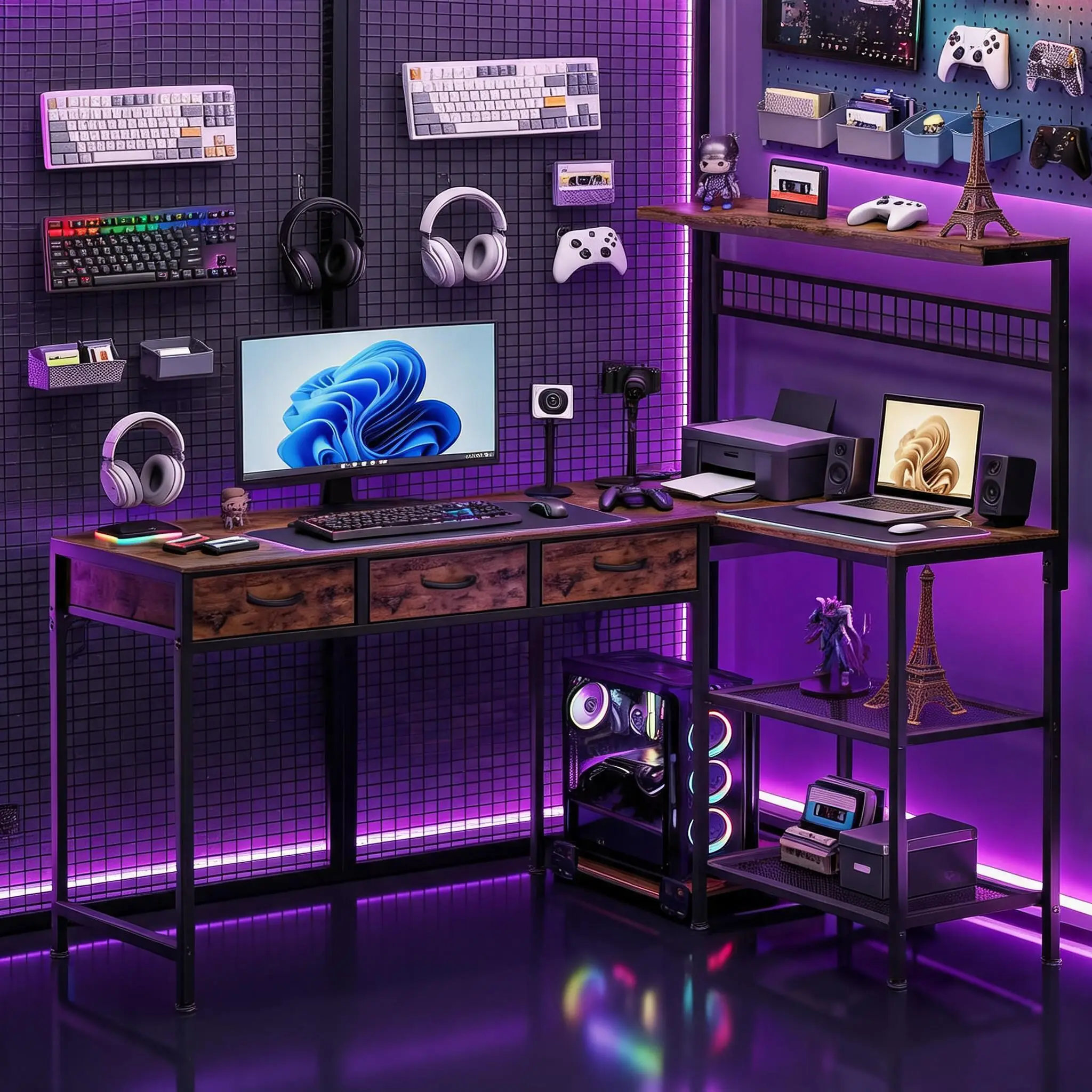 L-Shaped Reversible Corner Gaming Desk, Industrial Home Office Workstation with Built-in LED Lights & Power Outlet, 3 Drawers, Hutch and Storage Shelves, 300 LBS Weight Capacity, Brown & Sunset Cloud Wood Finish