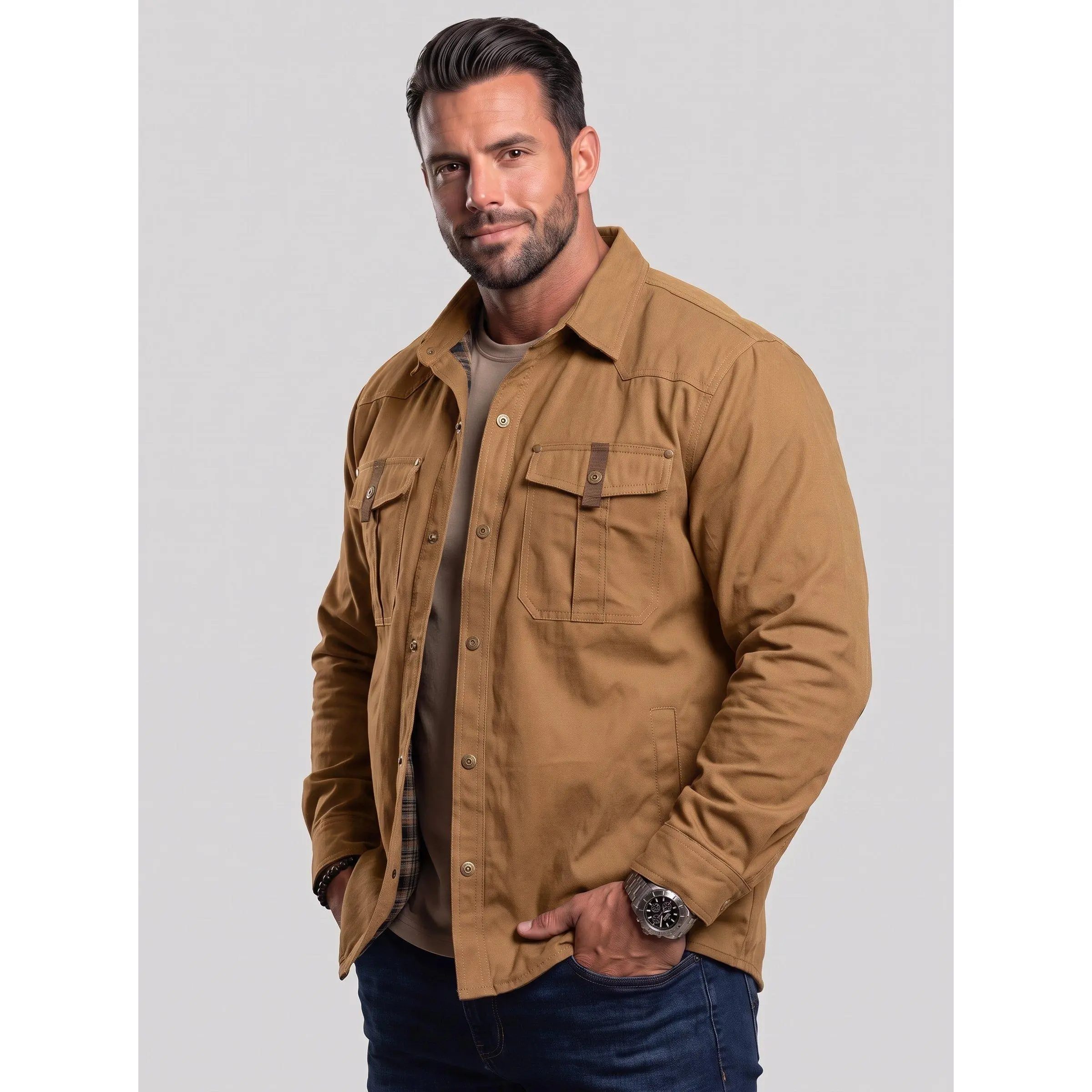 KZZ Men's Canvas Work Shacket - Heavy-Duty Utility Menswear Overshirt Coat, Long Sleeve Plain Button-Up Flap Pocket Collared Top for Fall Winter Layering, Casual Workwear Outdoor Wear (7 Colors)