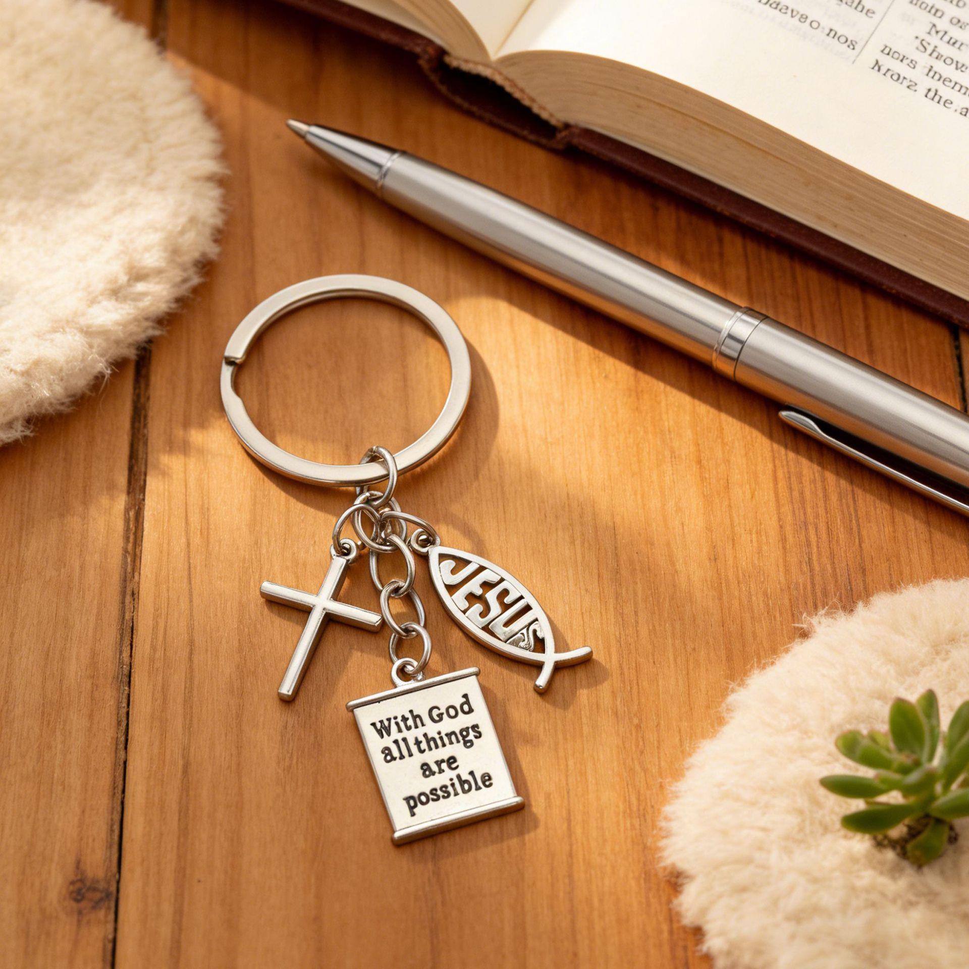 Geometric Cross Fish Pendant Inspirational Keychain Minimalist Design for Men Women European and American Cross-Border Hollow Carved English Motivational Phrases Fashion Accessory Gift