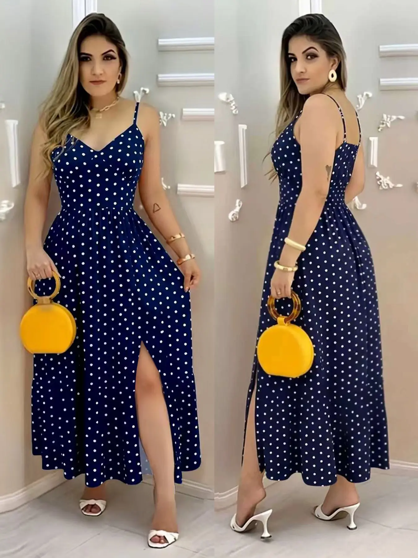 2026 Summer New Bohemian V Neck Polka Dot Dress, Women's Strapless Waist Cinch Split Long Dress, Boho Chic Fashionable for Parties and Vacations