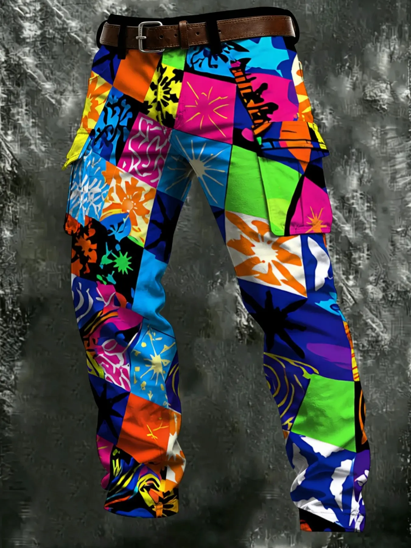 Pop Art Multi-Pocket Work Pants, Neon Grid Abstract Floral Graffiti, Dual Side Flap Pockets, Wide Leg Straight Streetwear, Long Trousers
