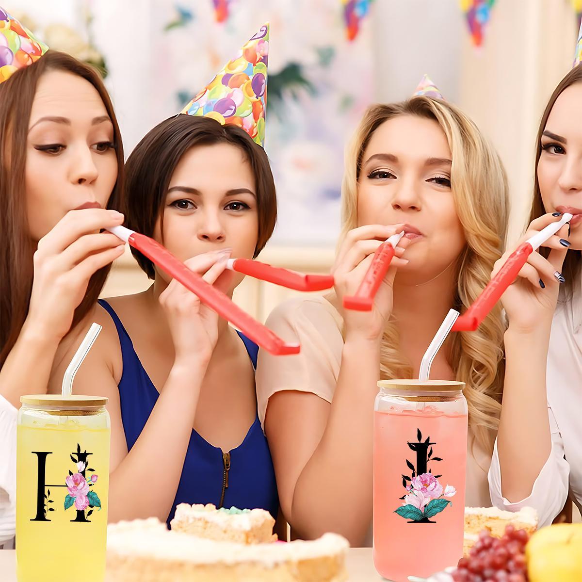 Letter & Flower Pattern Glass Cup with Straw & Brush, 1 Count 16oz Glass Cup, Drinking Cup for Home Office, Stylish Drinkware, Gift for Friend & Family