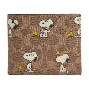 Coach x Peanuts Snoopy Coated Canvas Wallet for Men, Cartoon Print, Brown