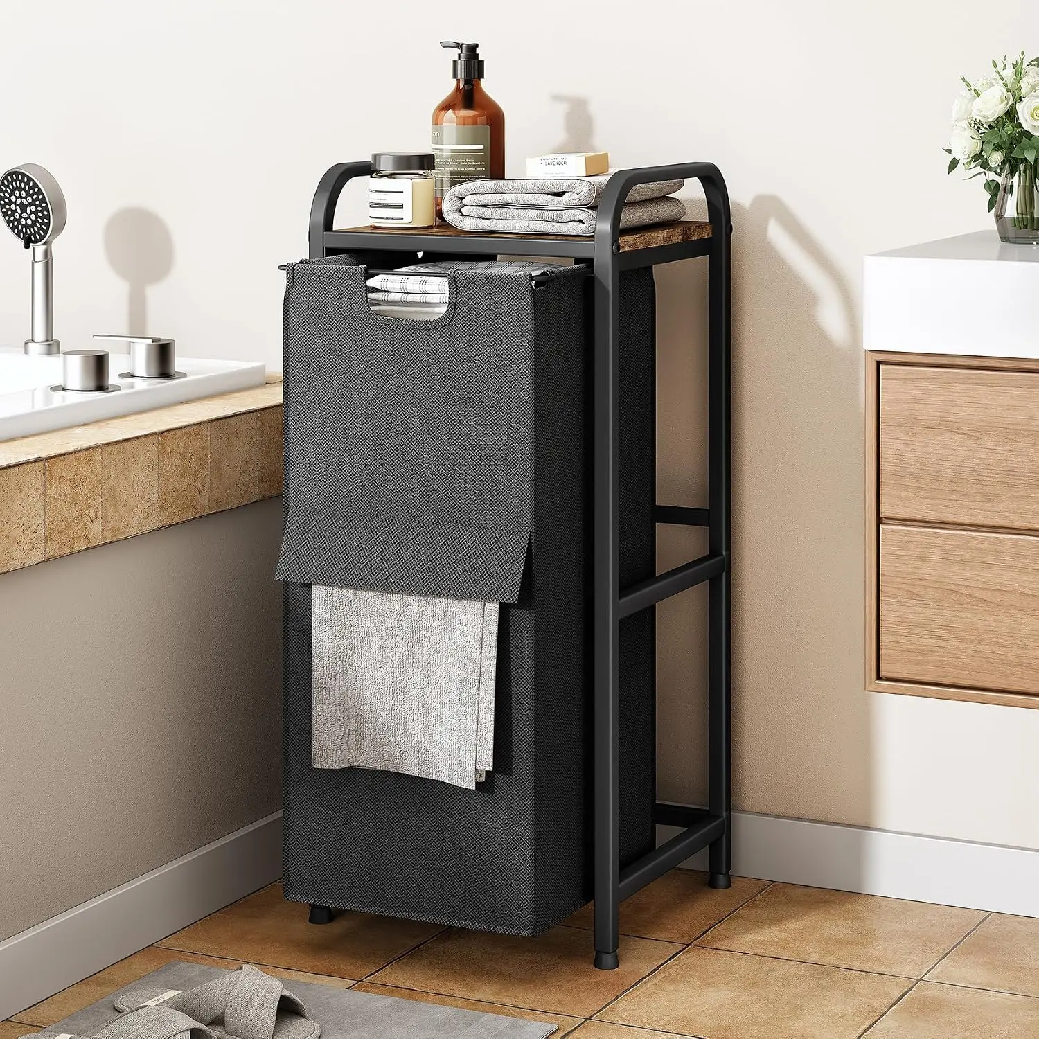 Laundry Hamper, Laundry Basket, Laundry Sorter with a Pull-Out and Removable Bag, Shelf, Metal Frame, 17 Gallons (62 L), Ink Black and Rustic Brown