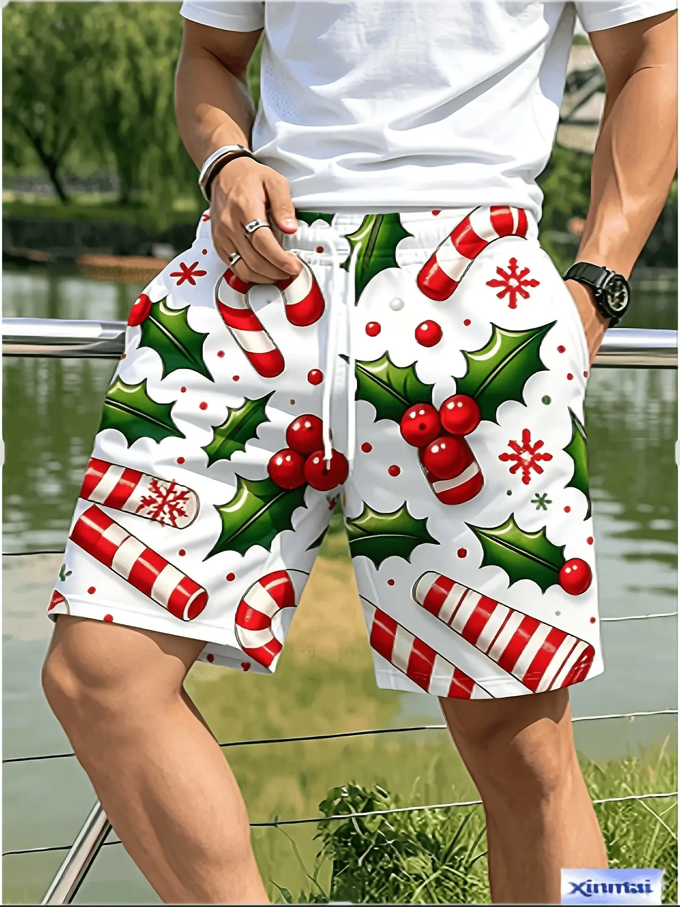 Men's Christmas Candy Cane Holly Berry Snowflake All-Over Print Shorts, Loose-Fit Drawstring Holiday Casual Beach Pants