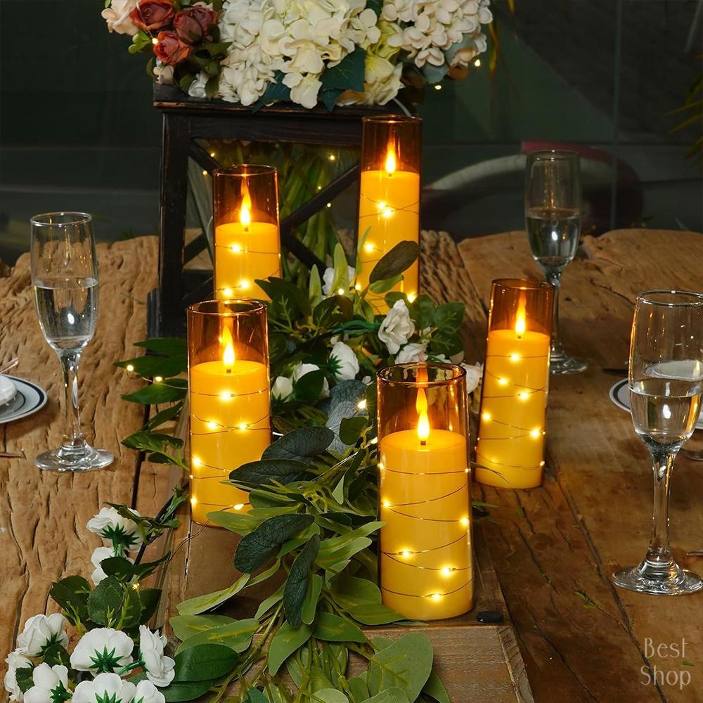 5pcs Flameless LED Candles with Embedded Star String, Battery Operated Acrylic Pillar Candles with Timer and Remote, Flickering Candles for Romantic Ambiance and Home Decoration Mood Decorative,Valentine's Day, Mother's Day