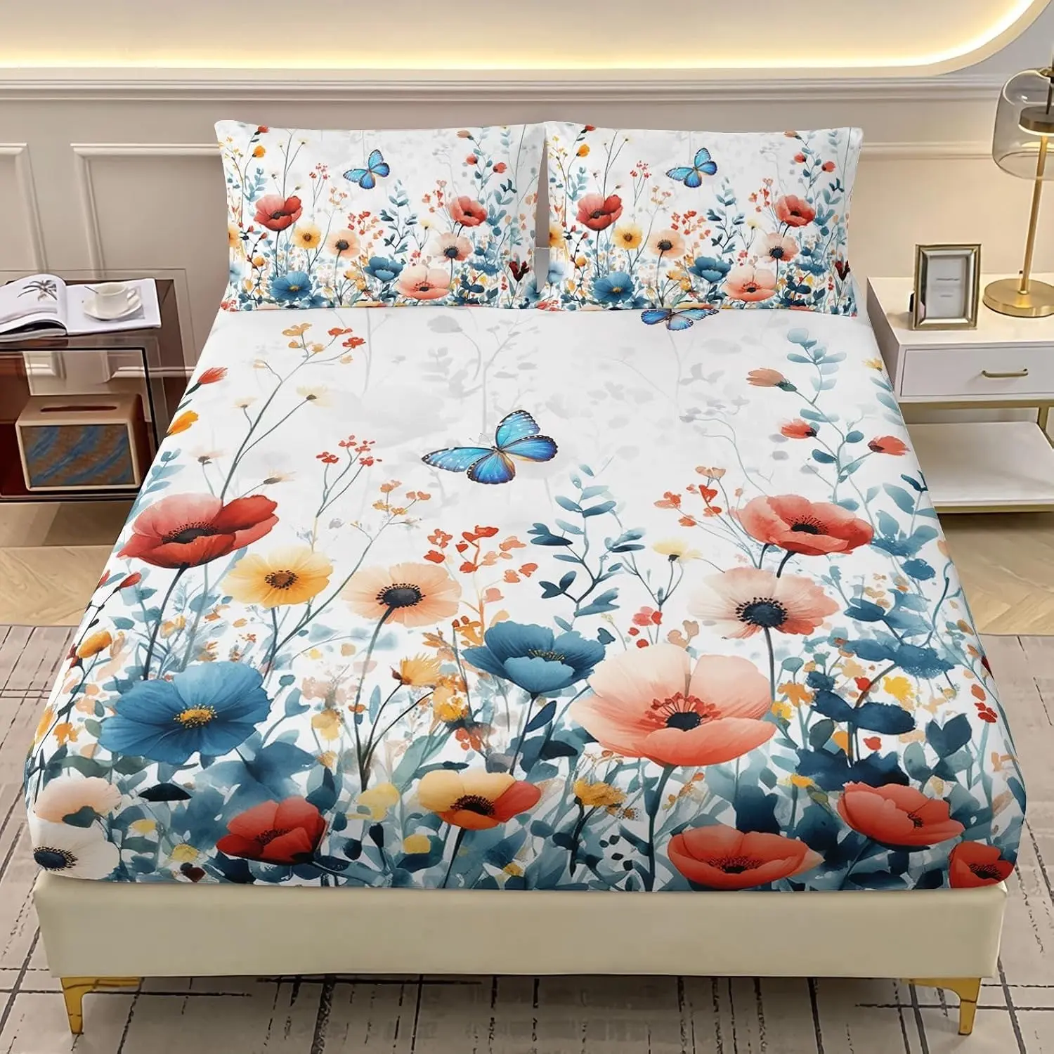 Floral Bed Sheet Set Large, Watercolor Floral Print Bedding Set for Girls, Garden Flower Butterfly Bedspread, 3-Piece Set