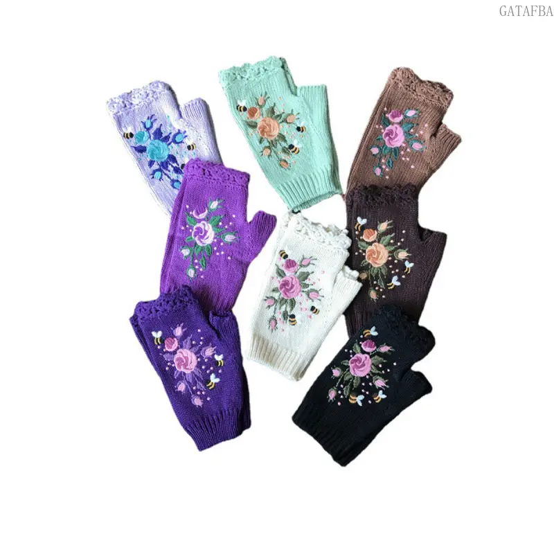 New Autumn Winter Knitted Fingerless Gloves for Women, Warm Bee Embroidery Yarn Mittens, Fashion Daily Cold Weather Accessories,back to school,back to school haul