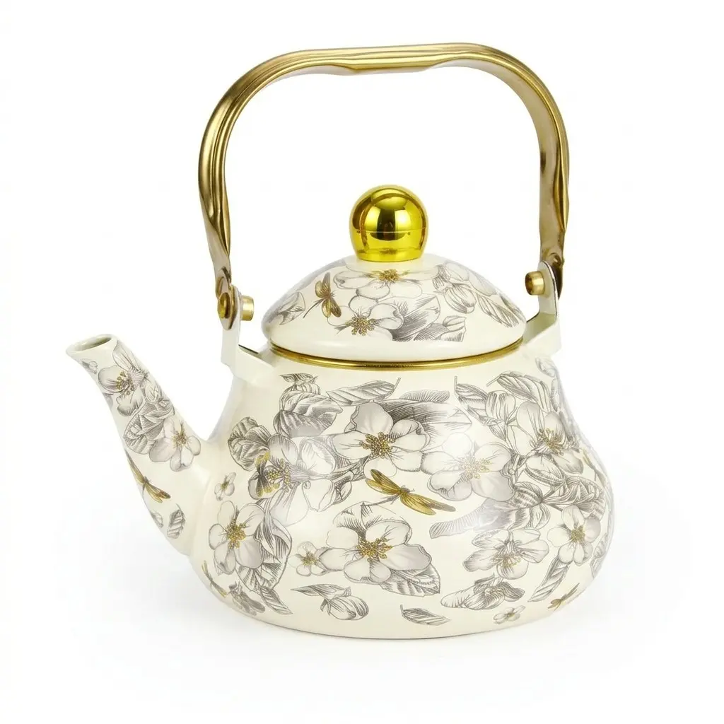 Vintage Dragonfly Flower Enamel Teapot, Kitchenware, Stovetop Compatible, Thick Bottom, Handmade, Ideal for Tea House, Kitchen, Outdoor Afternoon Tea, Gift