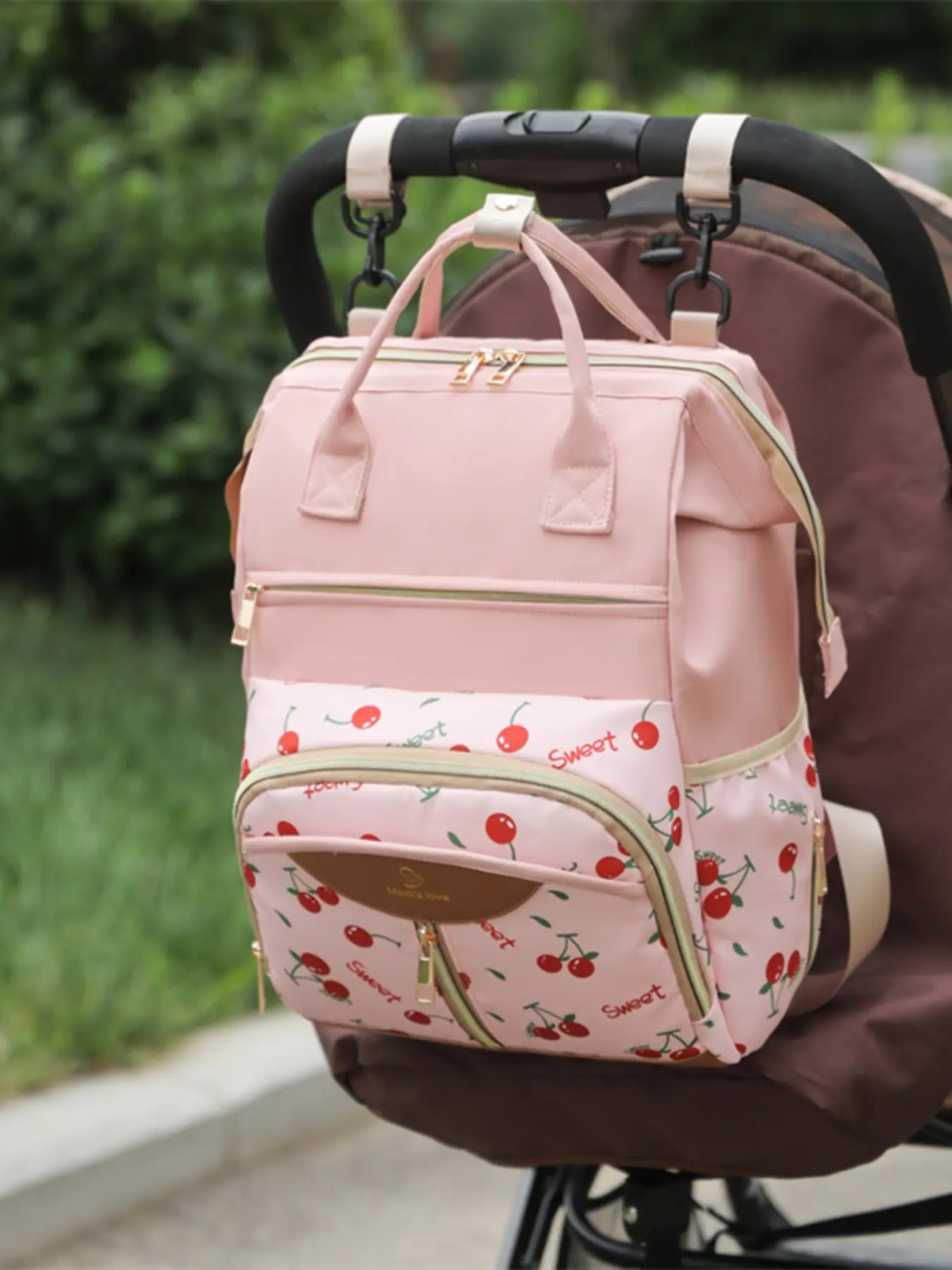 Cherry Pattern Mom Backpack, Diaper Backpack, Large Capacity Dual Shoulder Baby Bag, Convenient Outing Storage Bag for Moms, Mommy Diaper Bag, 4 Colors Available