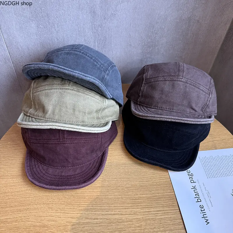 Vintage Washed Canvas 5-Panel Flat Brim Hat - Minimalist Solid Color Adjustable Short Brim Cap, Breathable Soft Casual Street Headwear, Outdoor Accessory for Hiking, Daily Commute, Flat Brim Hats