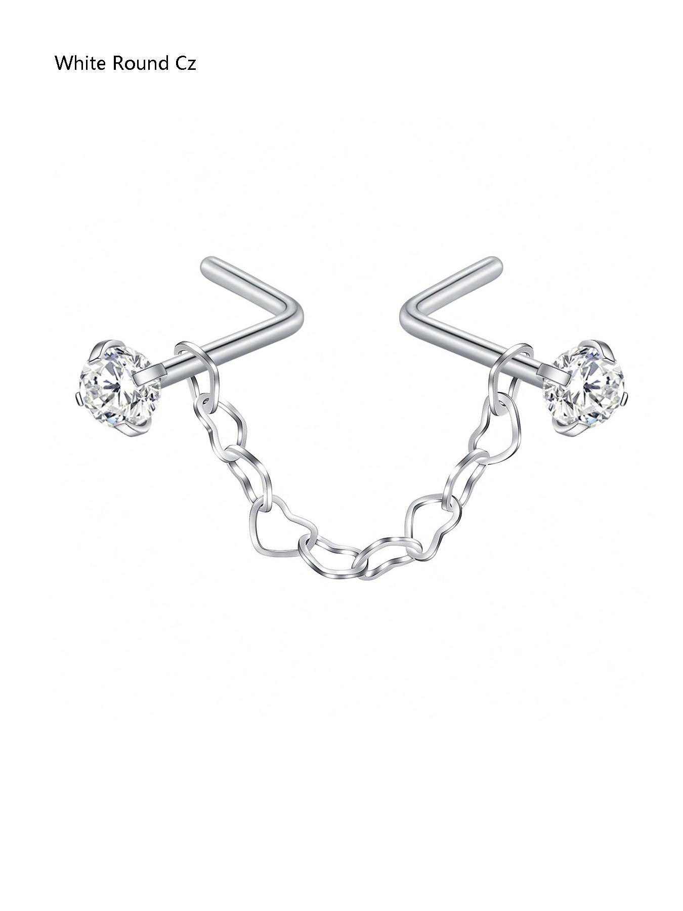Fashion Stainless Steel Nose Ring with Chain, Cubic Zirconia Heart Design, Synthetic Zircon L-Shaped Piercing Jewelry