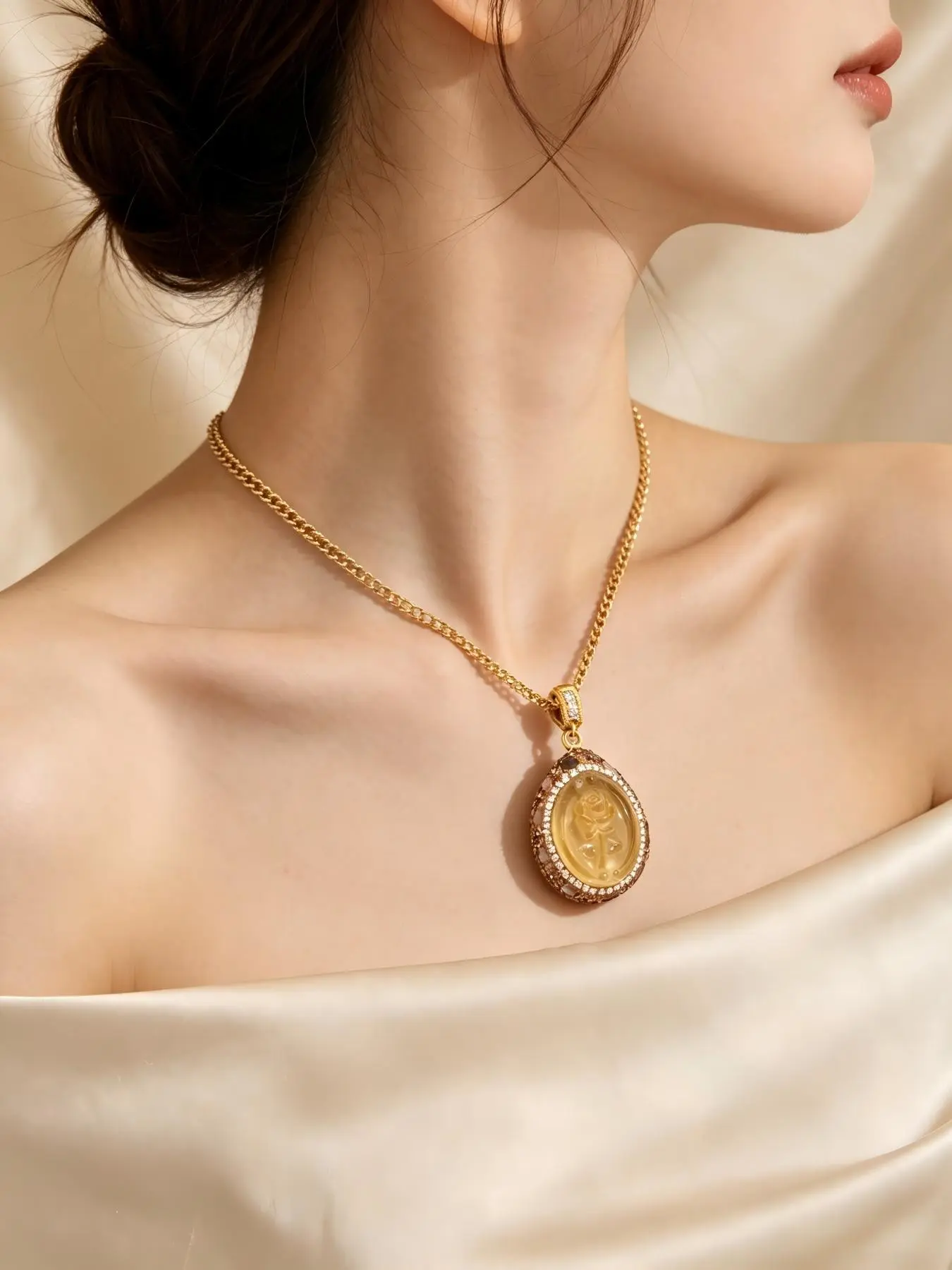 Carved Drop Lemon Citrine Rose Pendant Necklace