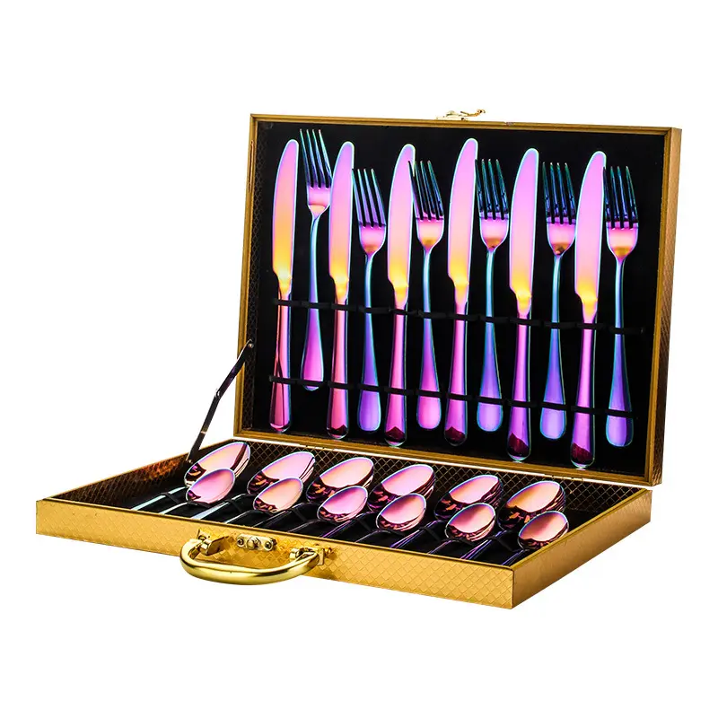 24Pcs Iridescent Rainbow Stainless Steel Flatware Set, Cutlery Knife Fork Spoon Tableware with Gift Box, Reusable Dinner Silverware for Wedding Party Home Dining, Christmas Gift