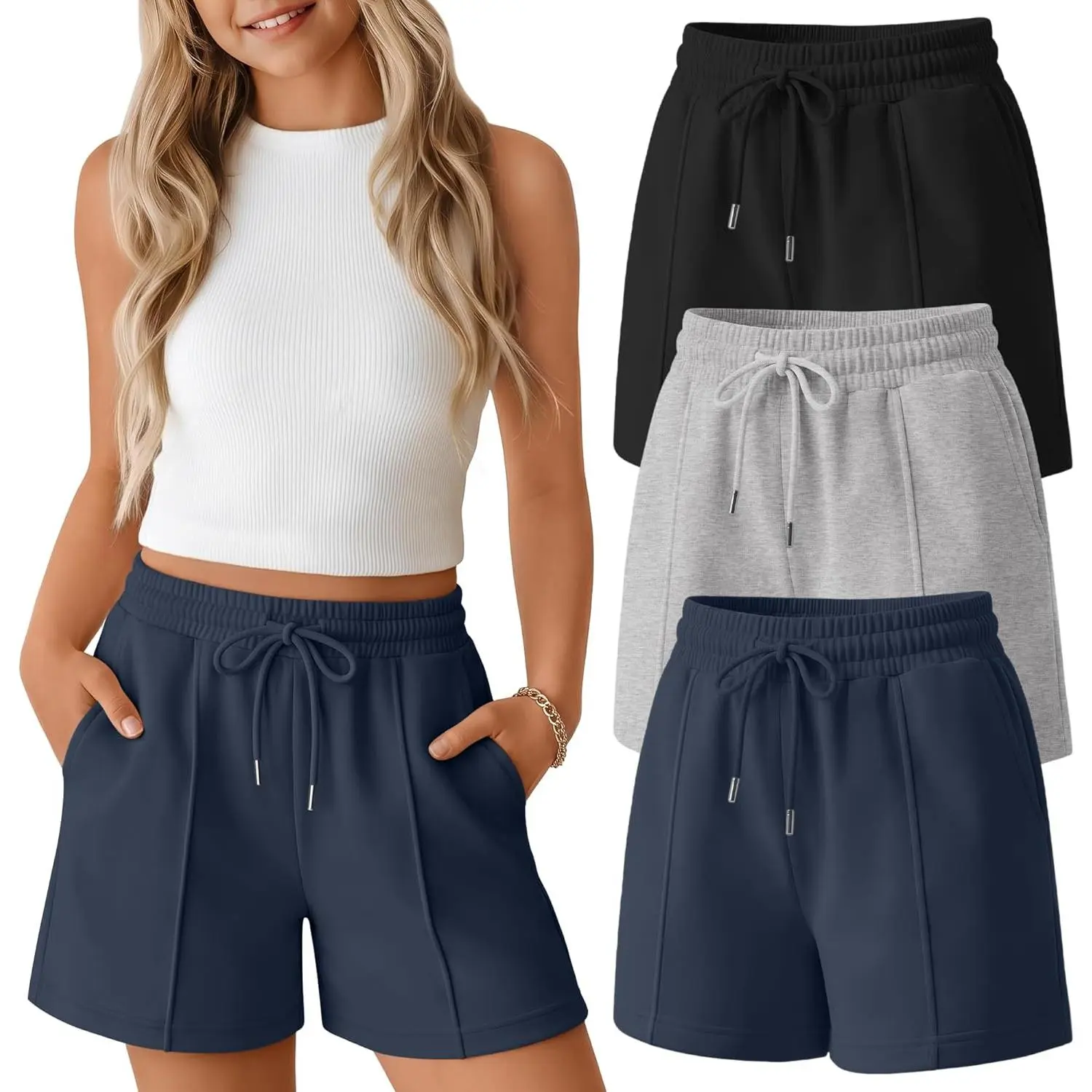 3 Pack Girl's Basic Shorts Elastic Waist Causal Summer Shorts with Side Pockets 5-14 Years