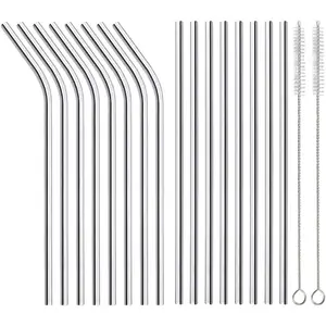 16 Pack of Reusable Stainless Steel Metal Straws, 8 Straight + 8 Bent 8.5 inch Metal Straws with 2 Cleaning Brushes, Straw Compatible with 20oz Stanley Cup