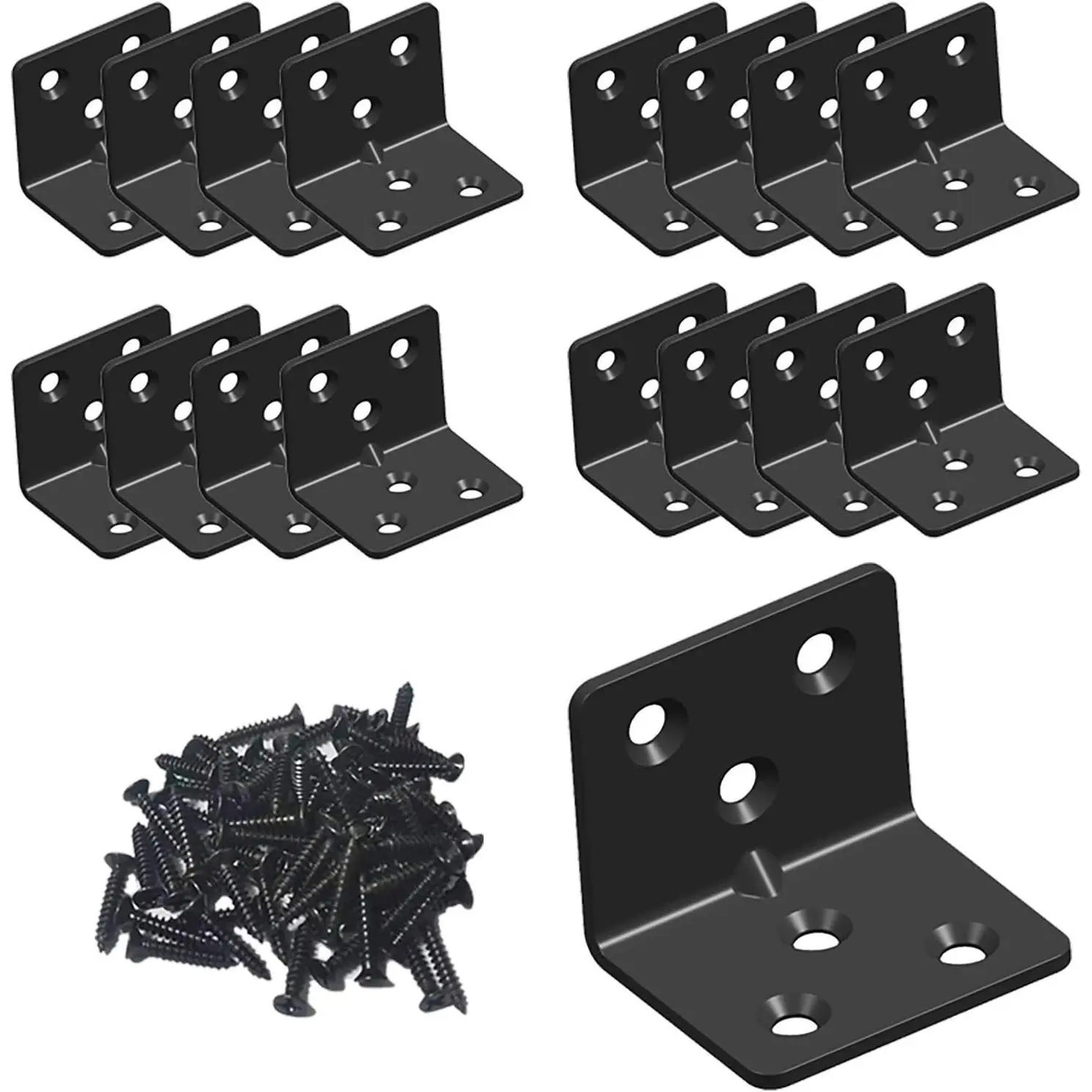 Aufuga Heavy Duty Black Stainless Steel L-Shape Right Angle Shelf Brackets, 16 Metal Corner Braces for Wood Shelf Support (1.5x1.2x1.2"), 16 Brackets