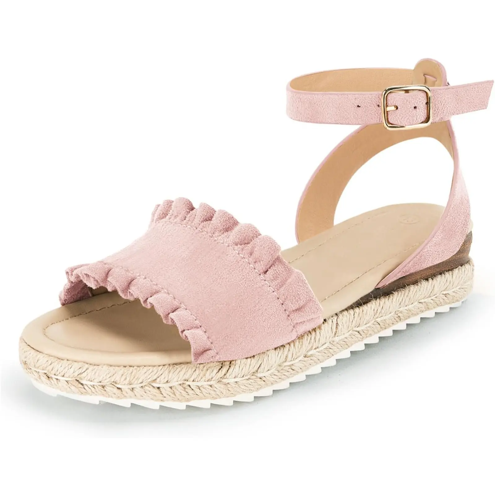 Coutgo Girls' Ruffle Espadrille Sandals with Ankle Straps, Solid Plain Faux Suede Open Toe Platform Wedge for Everyday Use, Fashionable Sandals, Casual Kids, Ankle Buckle, Casual Sandal