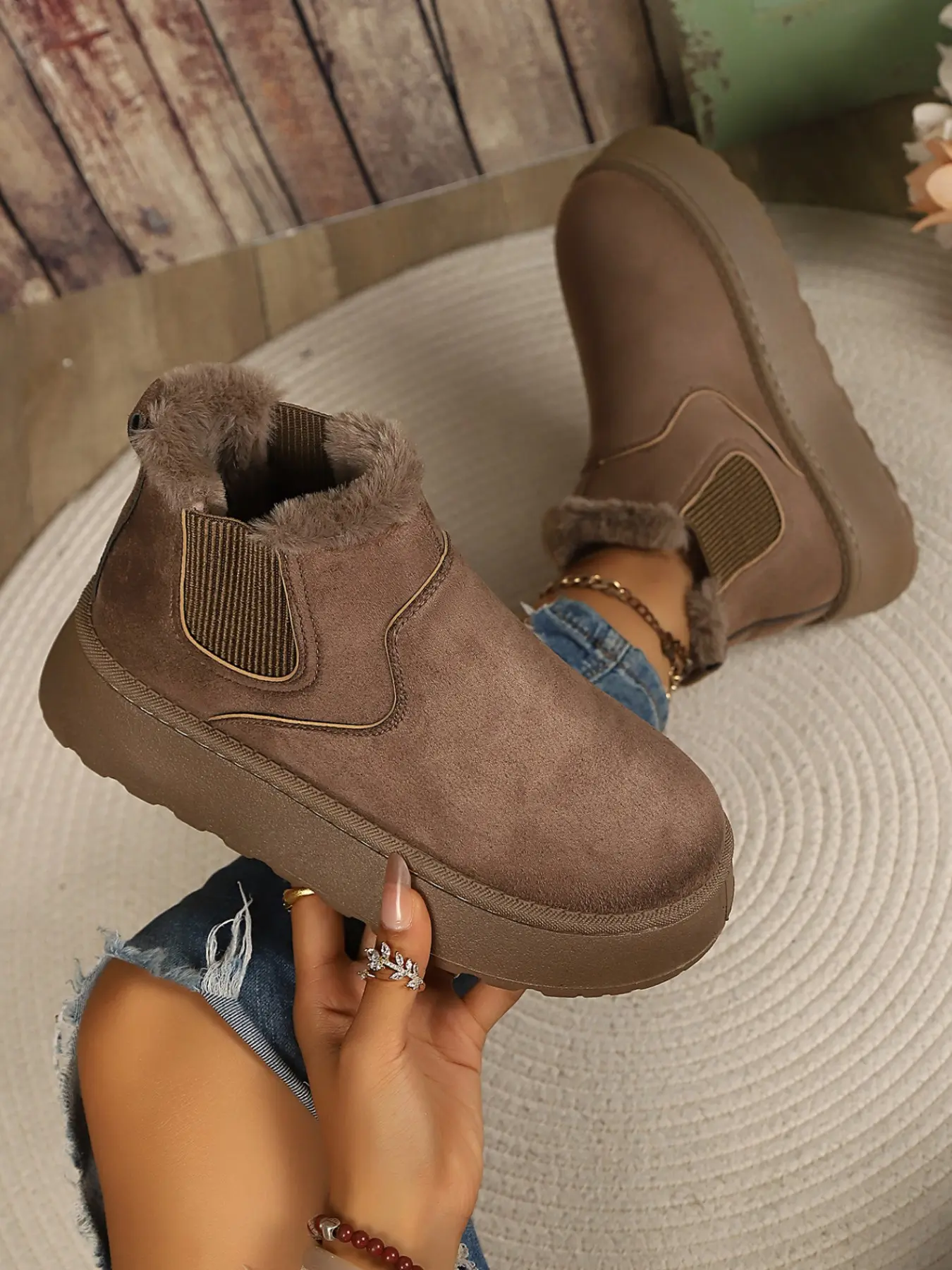 Women's Thick Sole Snow Boots, Fleece Lined Round Toe Short Boots, Elastic Side Slip-On Warm Winter Casual Cotton Boots
