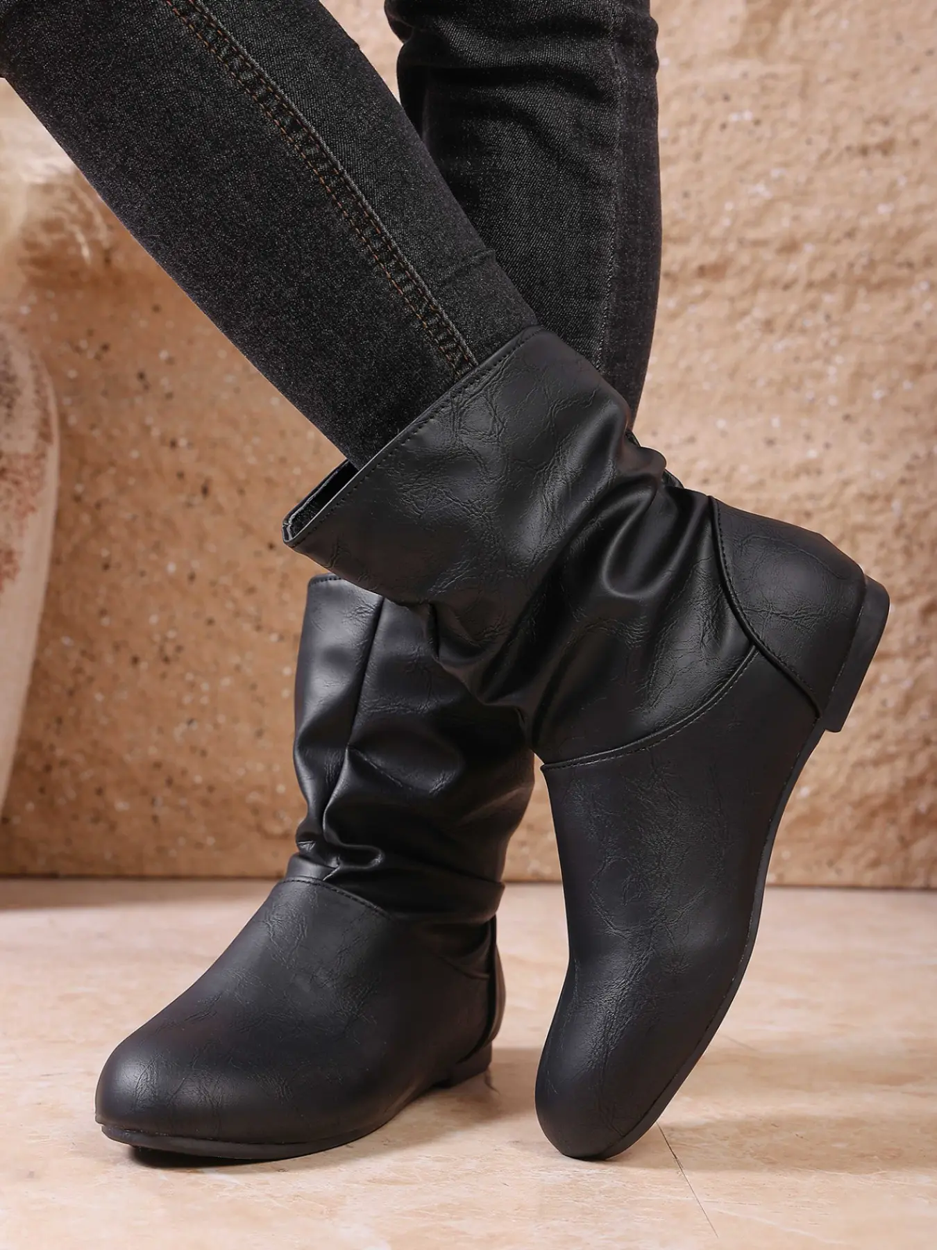 Folded Stack Mid-Calf Boots, Slip-On Flat Stack Boots, Soft PU Leather Casual Women's Boots, Folded Design Daily Boots, Minimalist Style