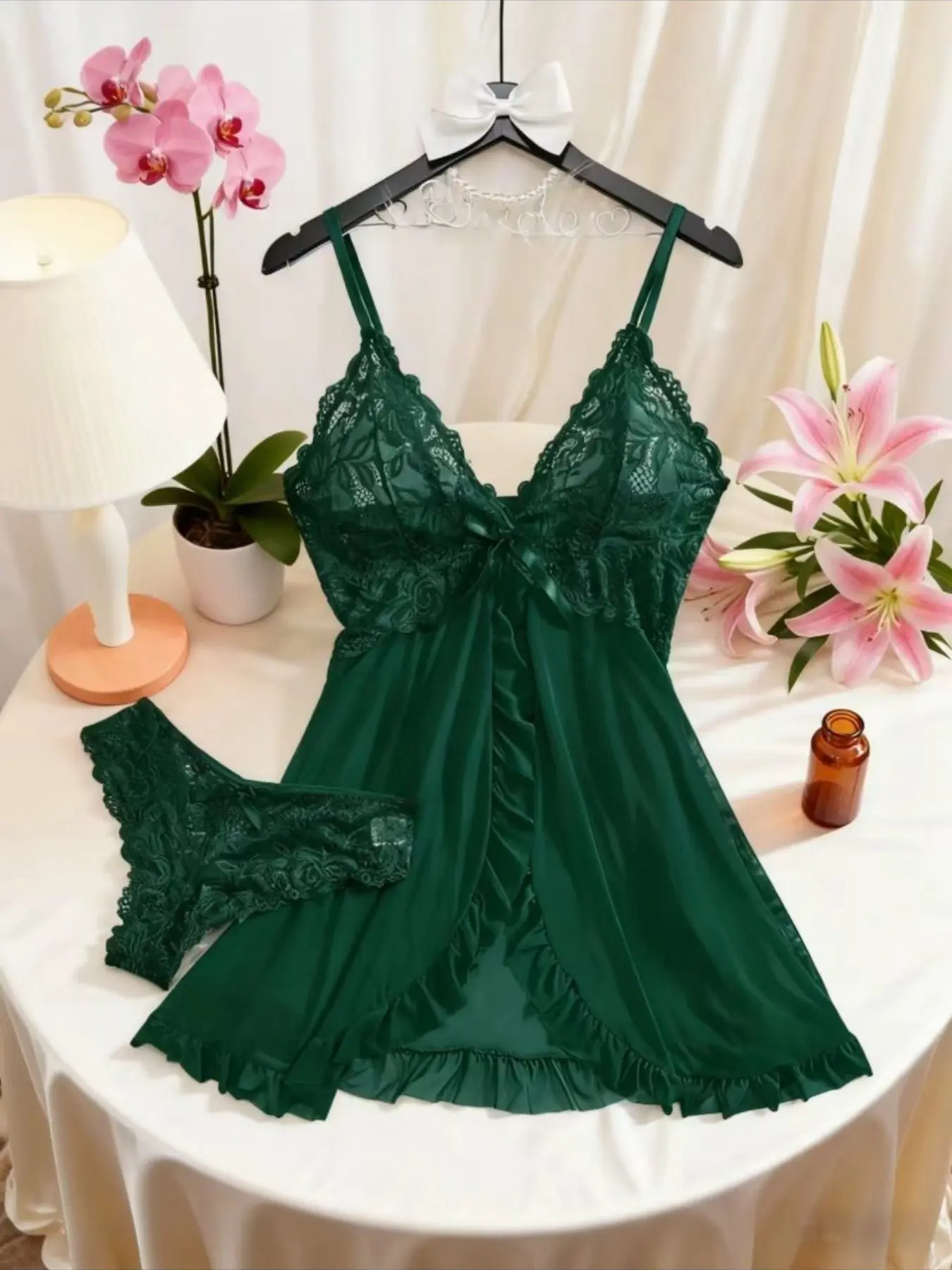 Women's Sexy Feminine Breathable Floral Lace Split Pajama Set with Adjustable Thin Straps, Ruffle Trim Cami Nightdress & Bow Decor Panty, Sheer Sleepwear for Date Wear & Lingerie Party Gift