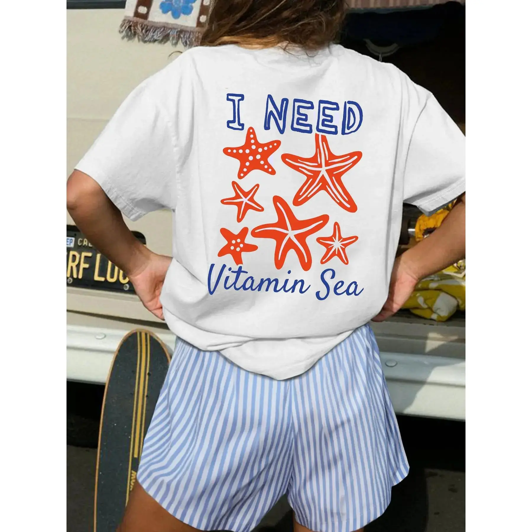 Women's Cartoon Starfish Print Loose Fit Round Neck Tee & Short Set, Stylish Casual Preppy Suit for Summer, Airport Outfits for Vacation, Clothes summerwins