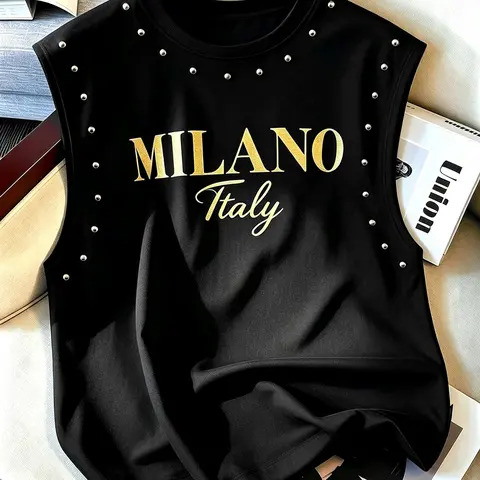Men's Sleeveless Tank Top with Silver Studded Trim and Gold MILANO Italy Letter Print, Fitted Casual Top, Luxury-Inspired Streetwear, Sleeveless Tops