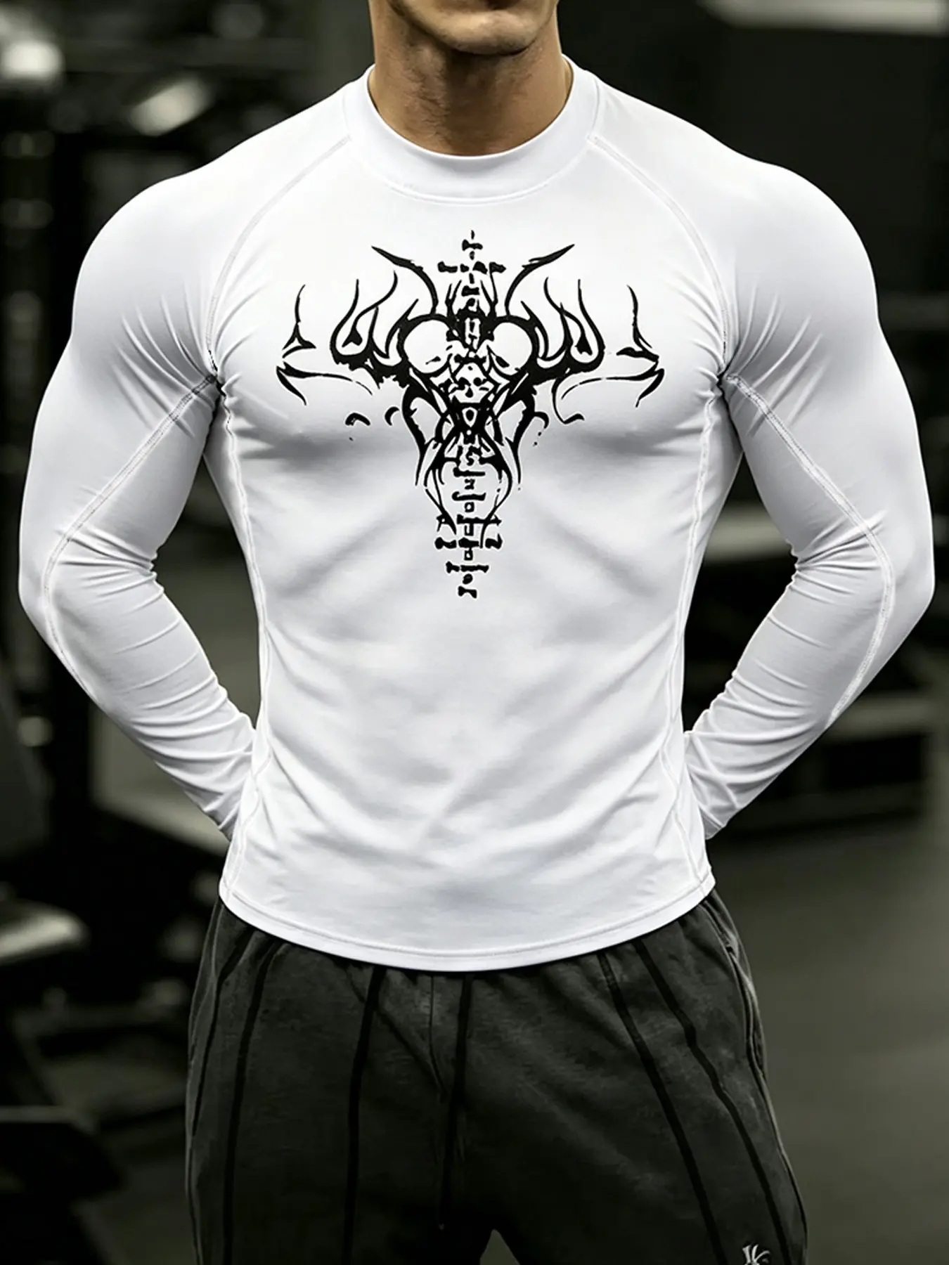 Athletic Stretchy Slim Fit High Neck Mens Compression Shirt Tops For Sports Fitness Running Gym Workout Long Sleeve Base Layer Tee Gothic Spinal Skeletal Demon Print