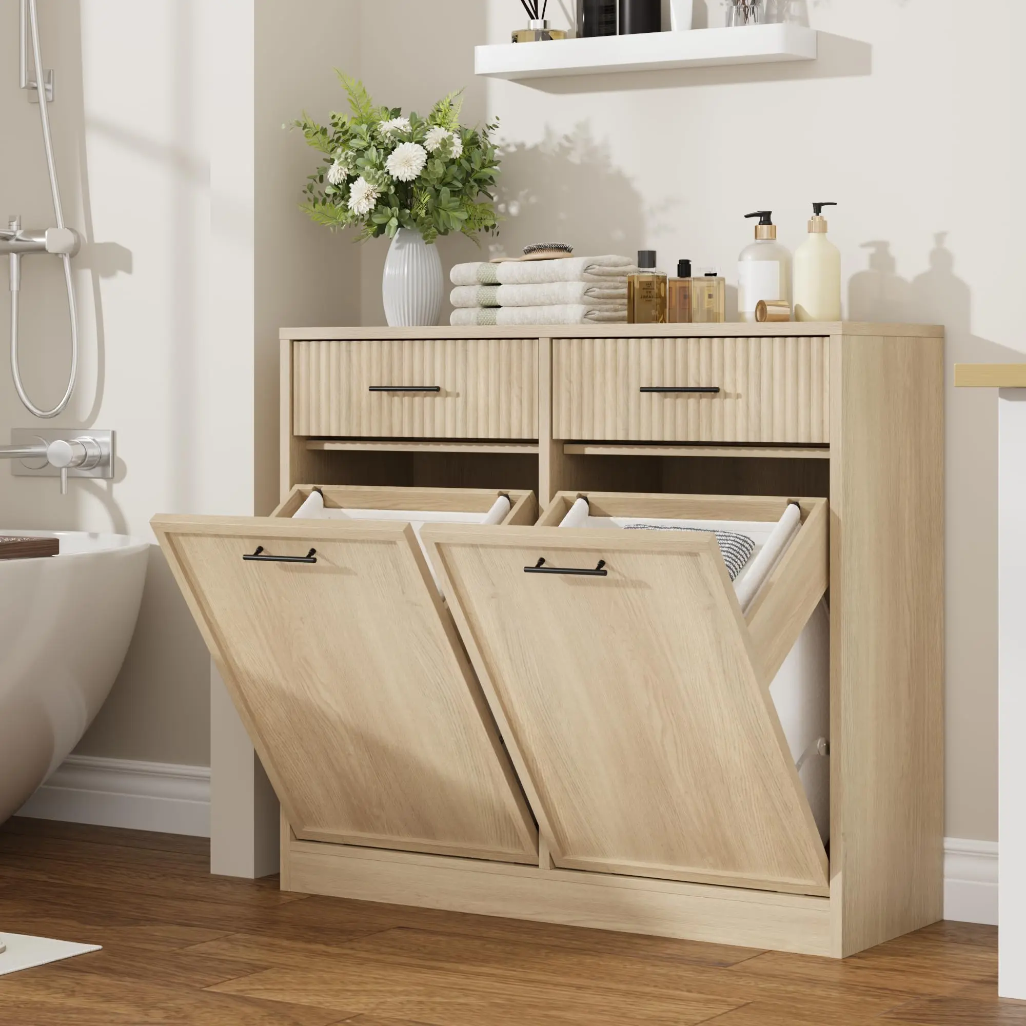 Double Tilt Out Laundry Hamper Cabinet with Waterproof Baskets, 20 Gal Hidden Trash Can Cabinet with Drawers for Kitchen & Bathroom, Natural