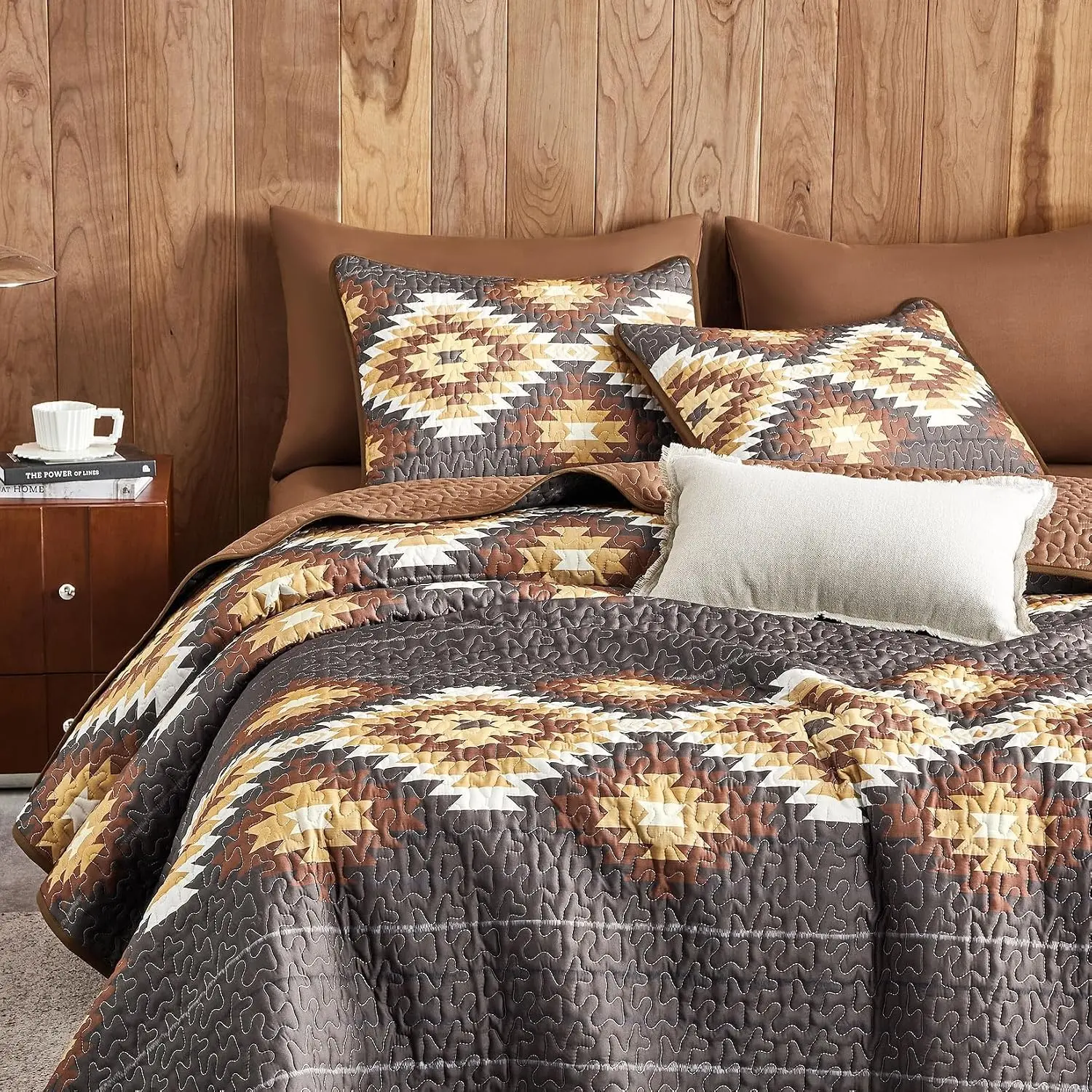 3-Pieces Polyester Reversible Lightweight Bedspread Coverlet Set, Aztec Southwestern Geometric Pattern, Chocolate Brown, Queen/Full Size, for Bedroom Decor