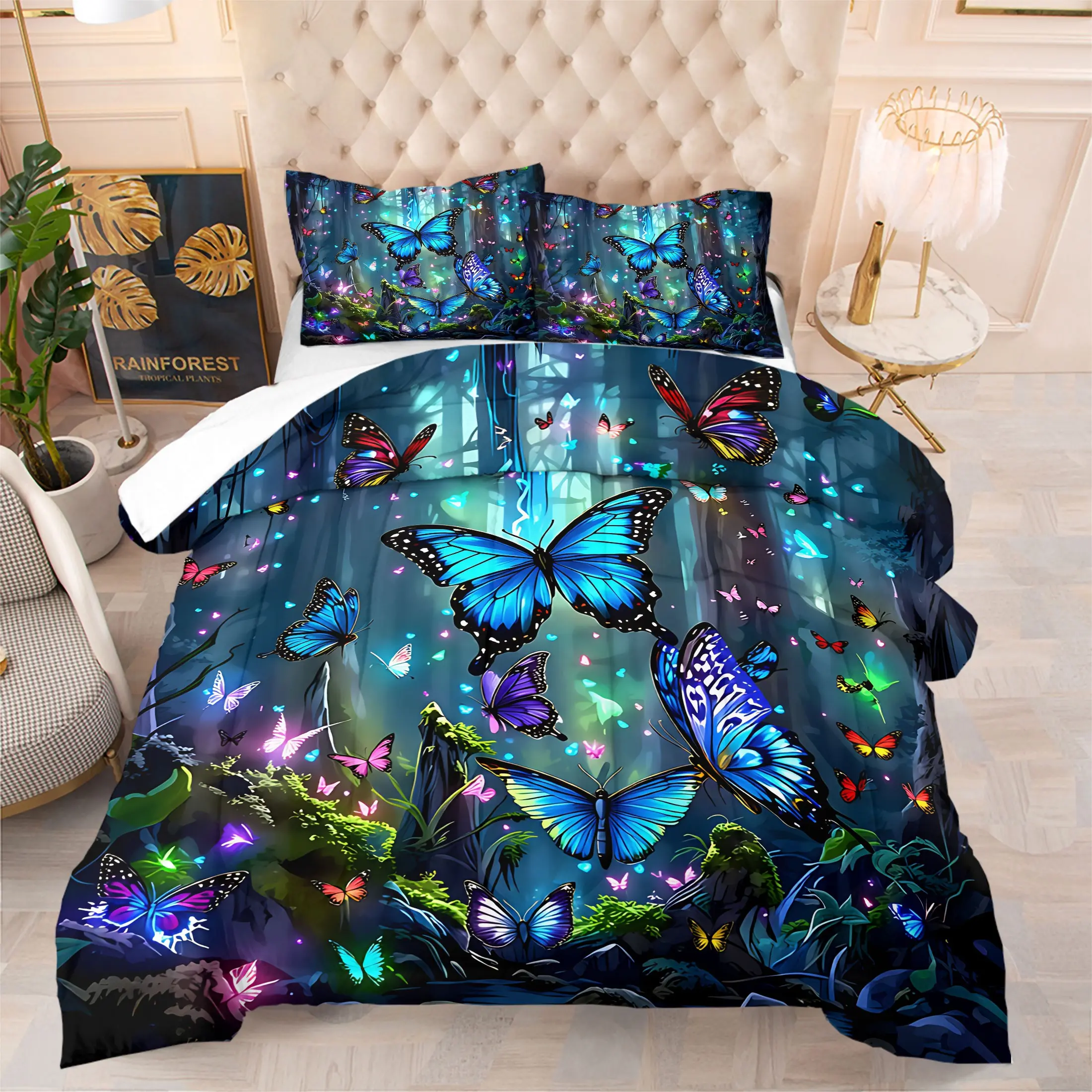 Enchanted Magical Forest Butterfly Print Comforter Set, Includes 1 Comforter and 1-2 Pillowcases, Luminous Neon Woodland Butterfly Pattern Print, Gift for Kids, Teens and Adults, Fantasy Art Gift for Nature & Aesthetic Fans