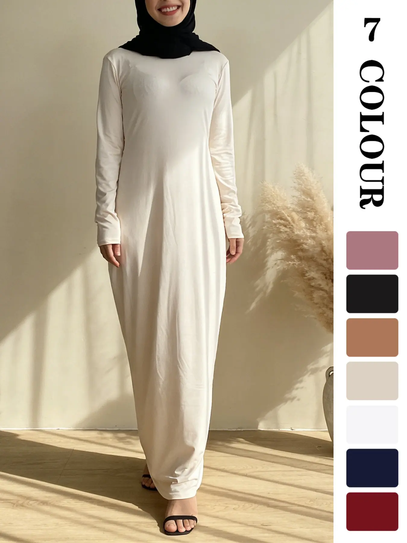 Muslim Sleepwear Plain Long Sleeve Dress, Islamic Clothing, Islamic Clothes, Muslim Dresses, Essential Abaya Layer, 7 Colors, 5 Sizes, All Ages, Fitted Style, All Seasons
