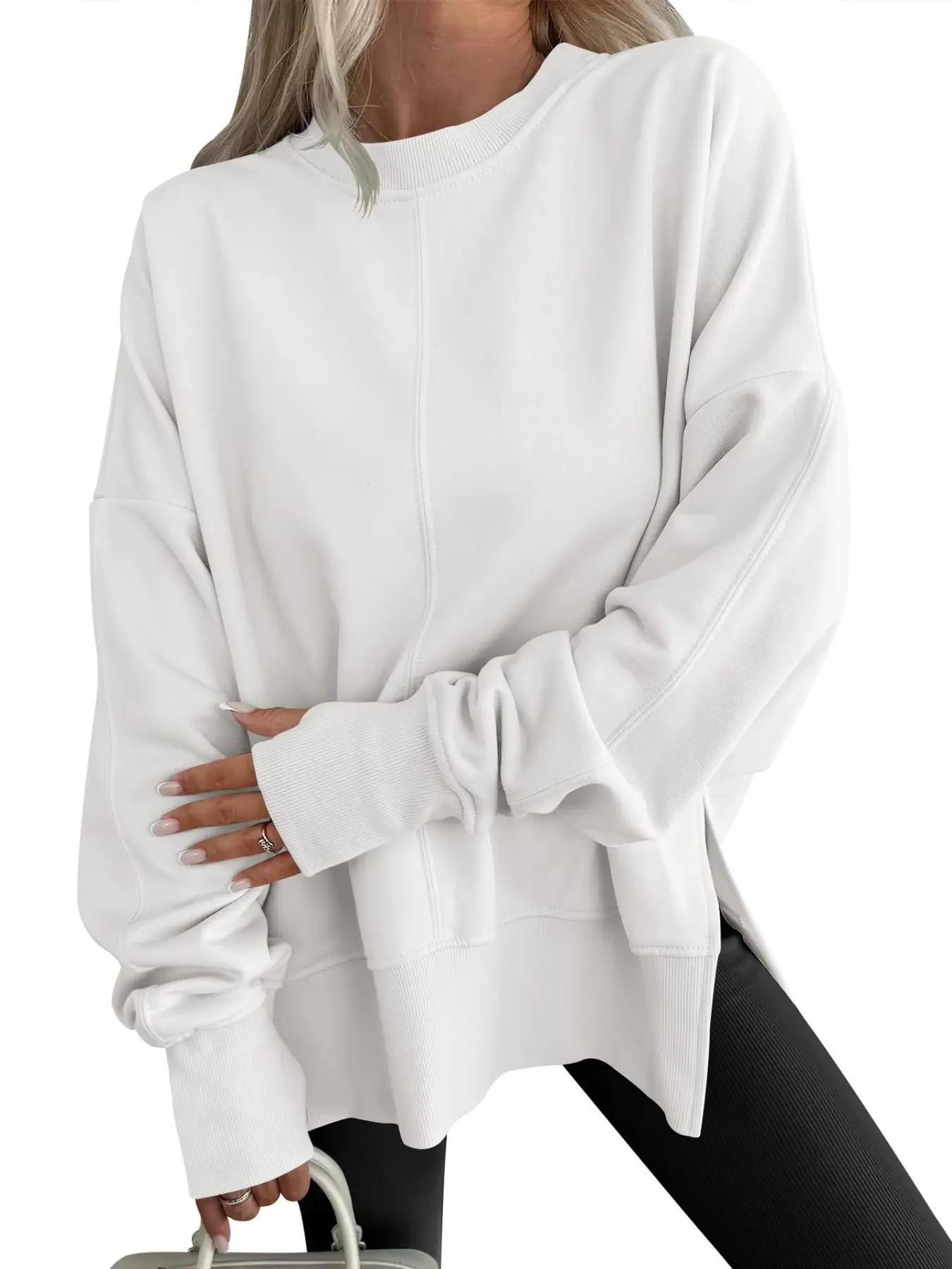 Women's Loose Round Neck Sweatshirt, Long Sleeve Split Casual Top, Drop Shoulder Sleeves, Winter Apparel, Plain Pattern