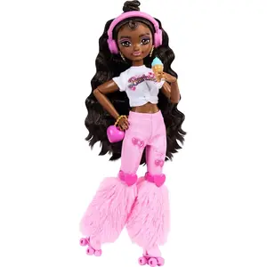 Barbie Dream Besties Doll and Accessories, Brooklyn” Posable Roller Skating Fashion Doll with Dark Brown Hair, 9Music & Video Themed Pieces