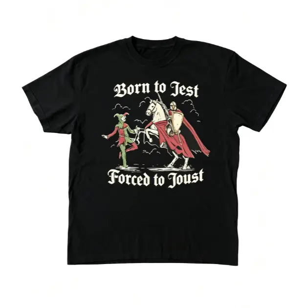 Born To Jest Forced To Joust Medieval Knight Jester Vintage Gothic Graphic Short Sleeve T-Shirt, Unisex Summer Vacation Back To School Renaissance Fair Casual Tops, 100% Pure Cotton Printed Craft Summervibes Tee, Soft Breathable Relaxed Fit everyday outfi