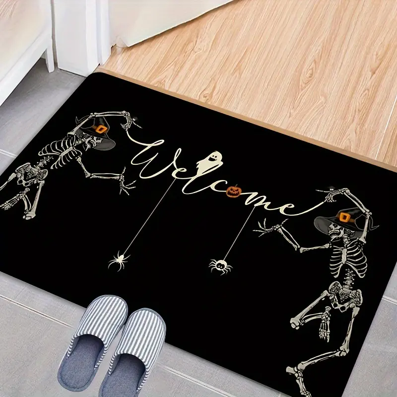 Spooky Halloween Welcome Doormat - Retro Classic Skeletons Bats & Pumpkins Design, Stain Resistant Black & Orange Outdoor Indoor Entry Mat, Machine Washable for Front Door, Porch Decor