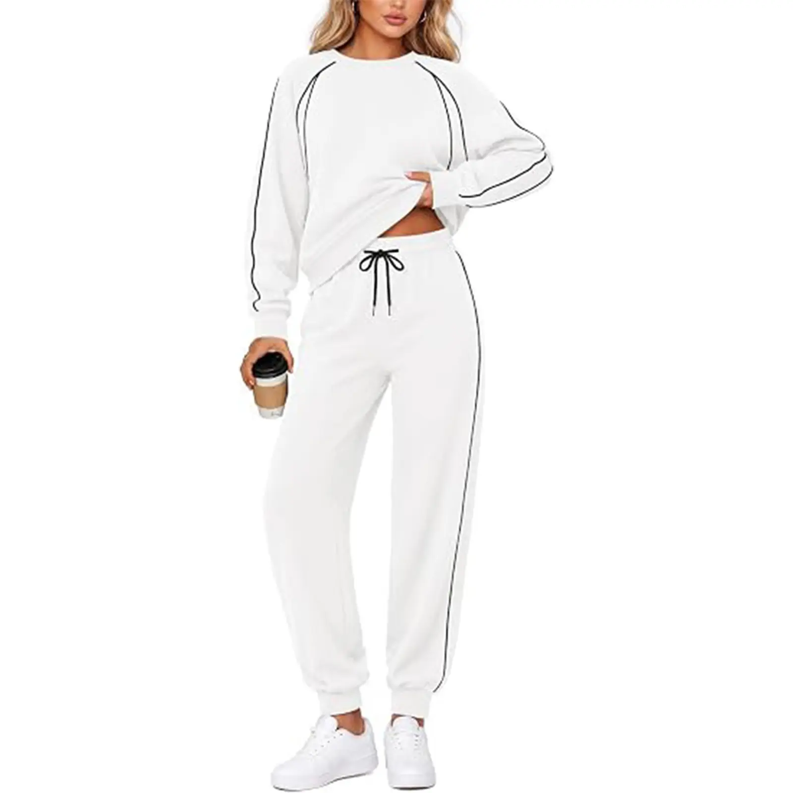 Yousify Women's 2-Piece Cotton Blend Track Suit - Long Sleeve Sweatshirt, High Waisted Medium Length Jogger Sweatpants, Casual Wear, Machine Washable Athletic Set, Two-Pieces