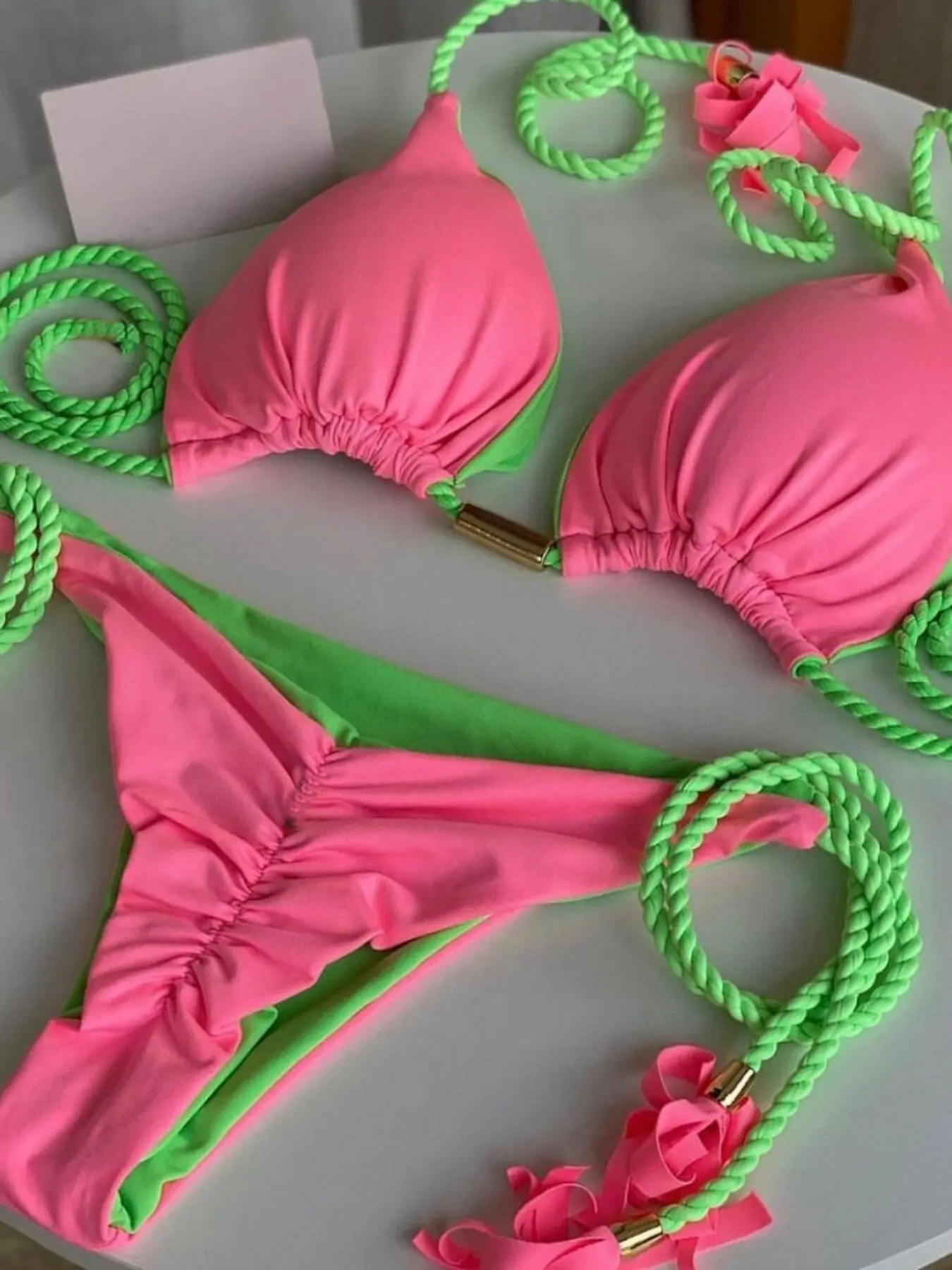 2026 Women's Sexy Solid Color Bikini Set, Summer Beach Split Two-Piece Swimsuit, Strappy Braided Design, Ruched Knot Bikini, Trendy Swimwear for Ladies
