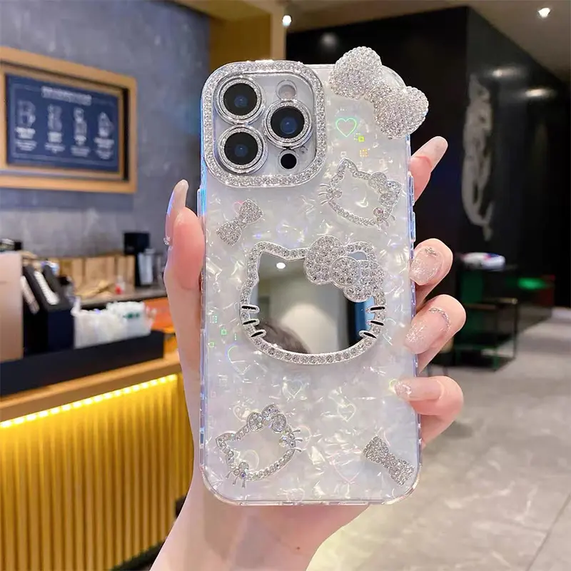 Creative Luxury Bow Cat Mirror Diamond-Studded Phone Case For iPhone 17 16 15 14 13 12 Pro Max Plus, Shockproof Protective Case