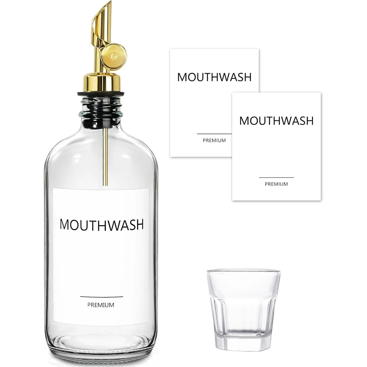 17oz Clear Glass Mouthwash Dispenser for Bathroom, Refillable Mouthwash Container Decanter with Cup, 1 Pack