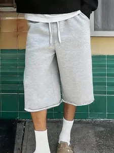 Men's Casual Wide Leg Shorts, Elastic Drawstring Waist, Summer Fitted Plain Sporty Style, Soft Comfortable Daily Wear, Casual Streetwear Shorts