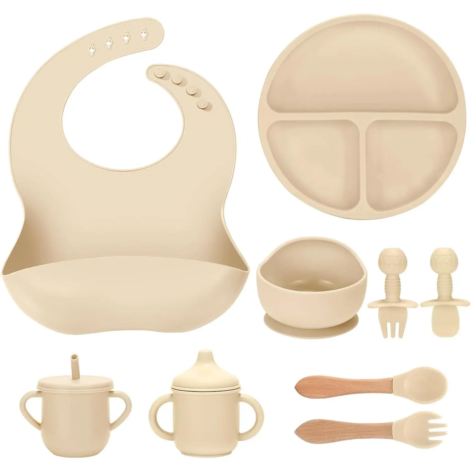 Silicone Baby Feeding Set 9 Pcs, Spill-Proof Suction Plate, Bowl, Bib, Silicone spoon&forks, Wooden Spoons&forks, Training cup with straw and Sippy Cup, Baby Eating Utensils stainless steel