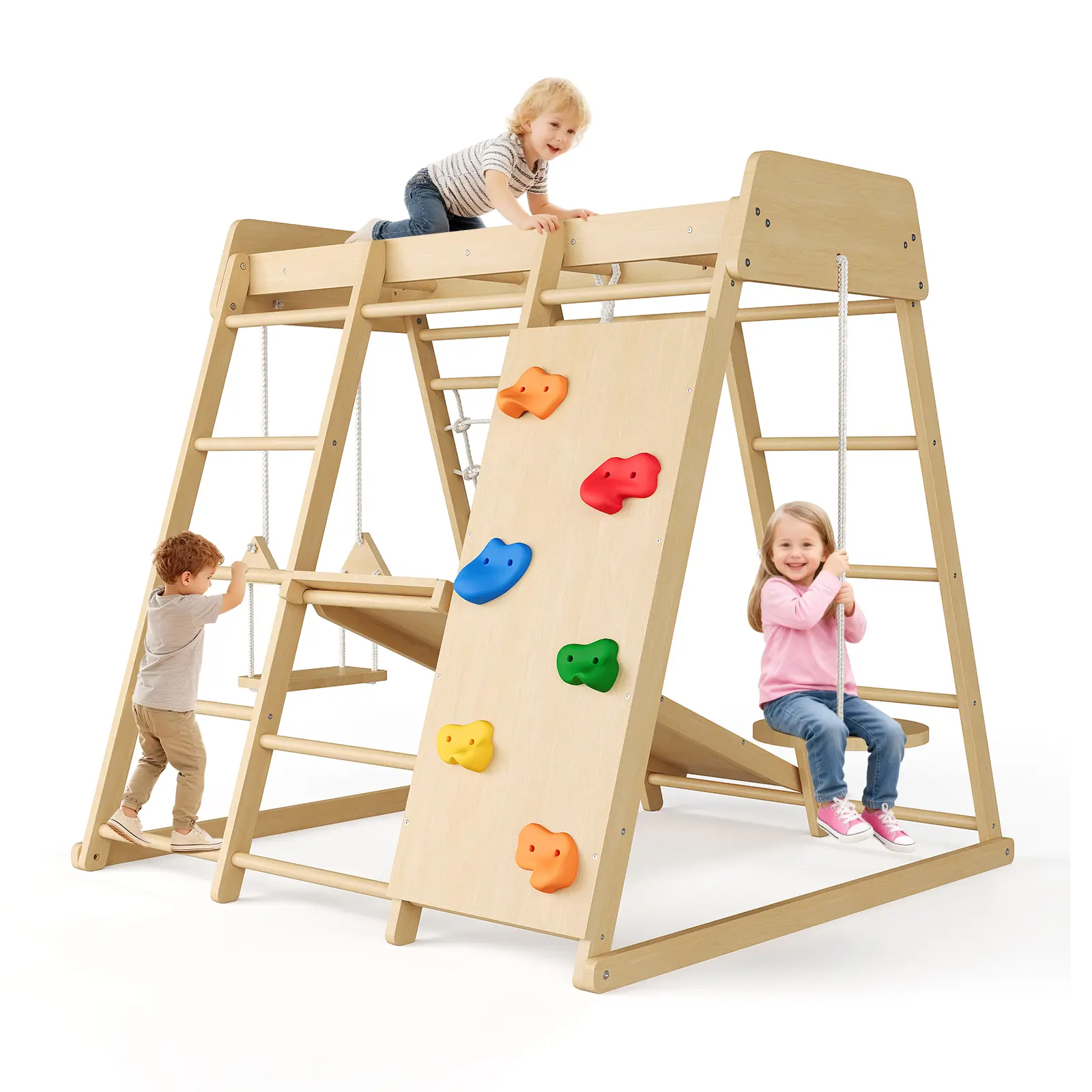 8-in-1 Wooden Indoor Playground for Kids – Jungle Gym Climbing Set with Slide, Swing, Monkey Bars, Rock Wall, Net & Rings – Sturdy Active Fitness Toy for Boys & Girls