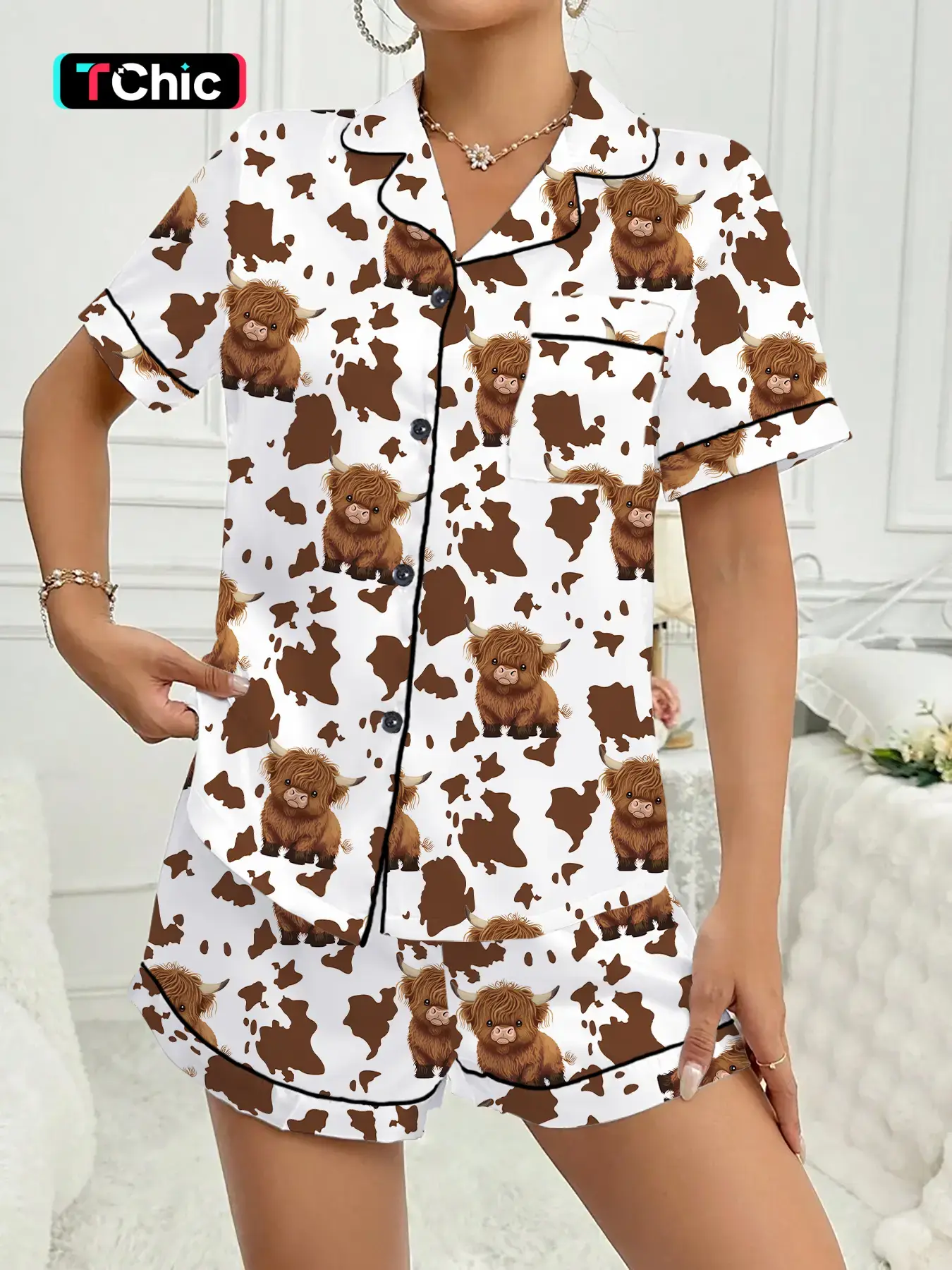Valentine's Day Women's Sleepwear Loungewear Pajama Set, Comfortable Cute Elastic Highland Cow Milk Cow Pattern Short Shirt and Pants Two-Piece Suit